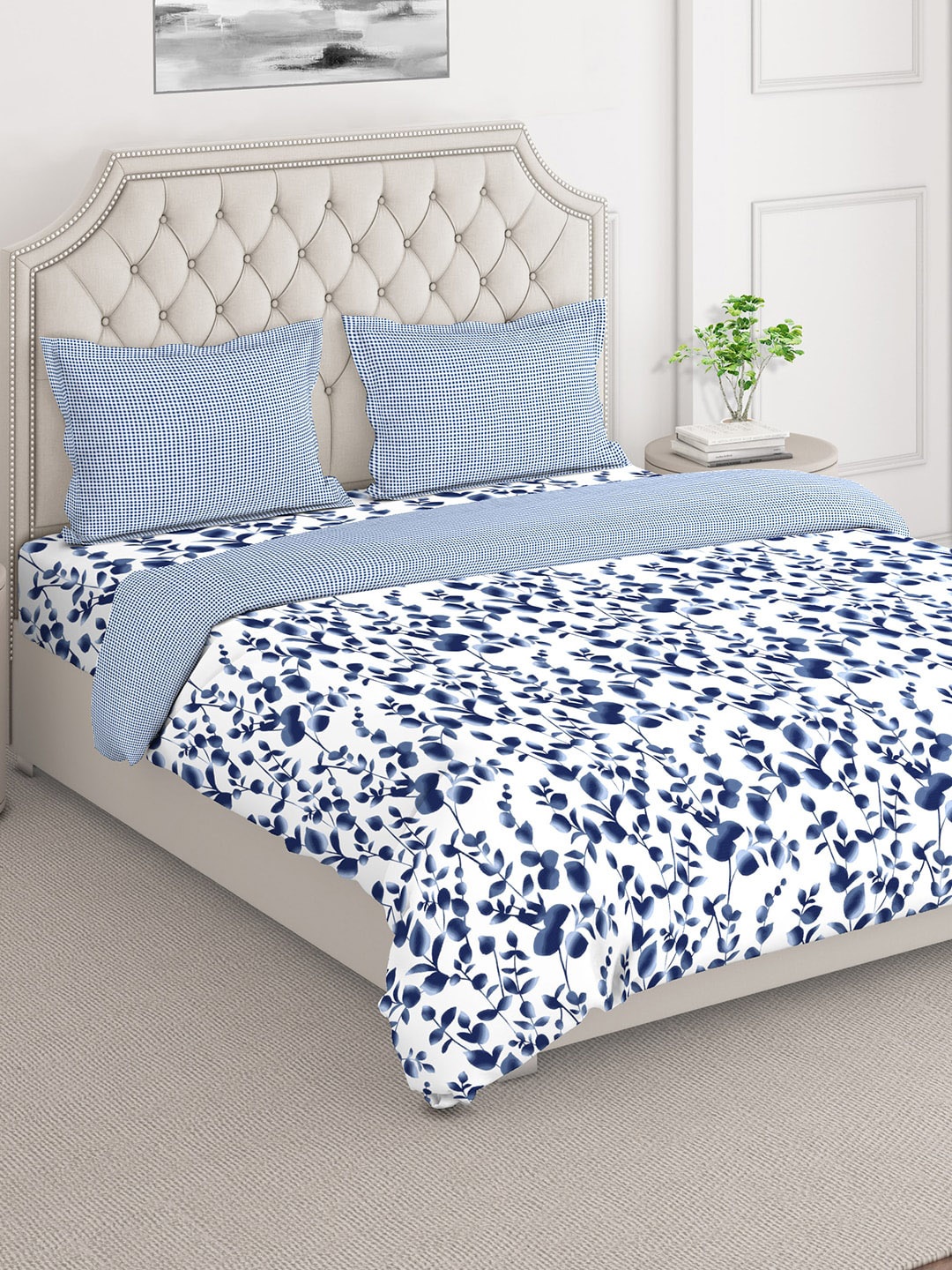 

Layers White & Blue Printed Cotton Superfine Double King Bedding Set