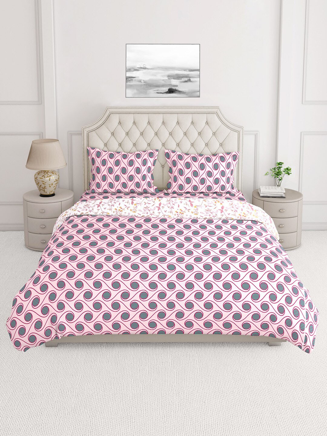 

Layers Pink & Green Printed Pure Cotton 144 TC Double Queen Bedding Set