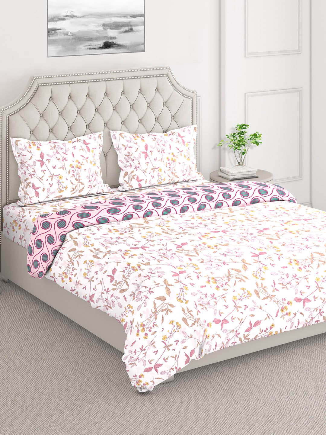 

Layers White & Pink Printed Cotton Superfine Double Queen Bedding Set