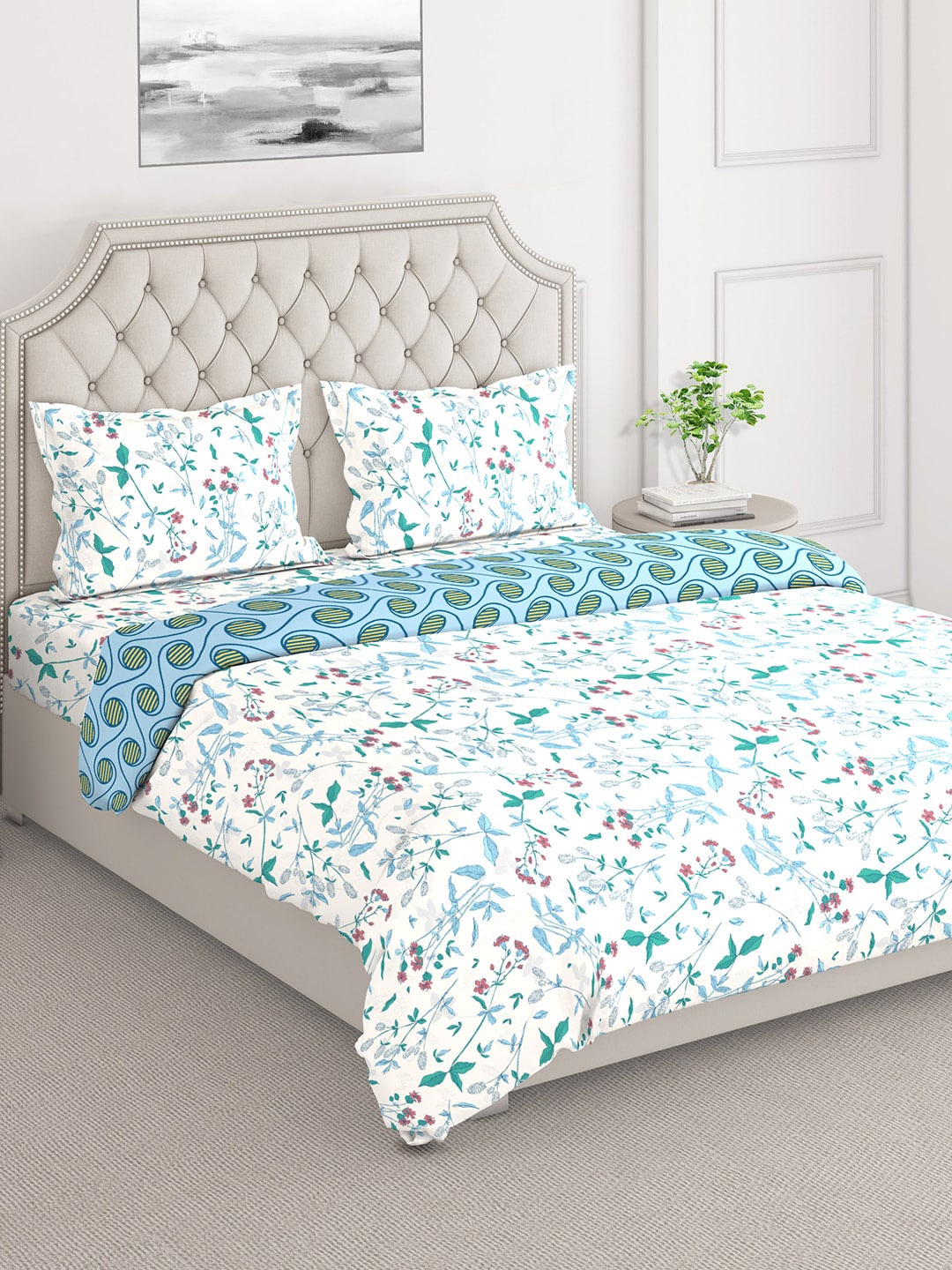 

Layers White & Blue Printed Cotton Superfine Double Queen Bedding Set