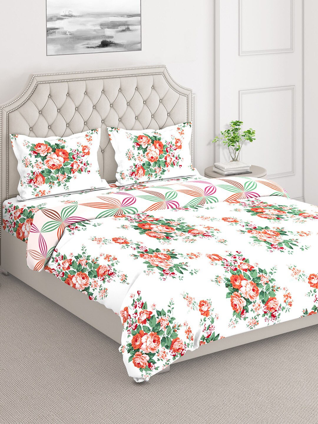 

Layers White & Red Printed Cotton Superfine Double Queen Bedding Set