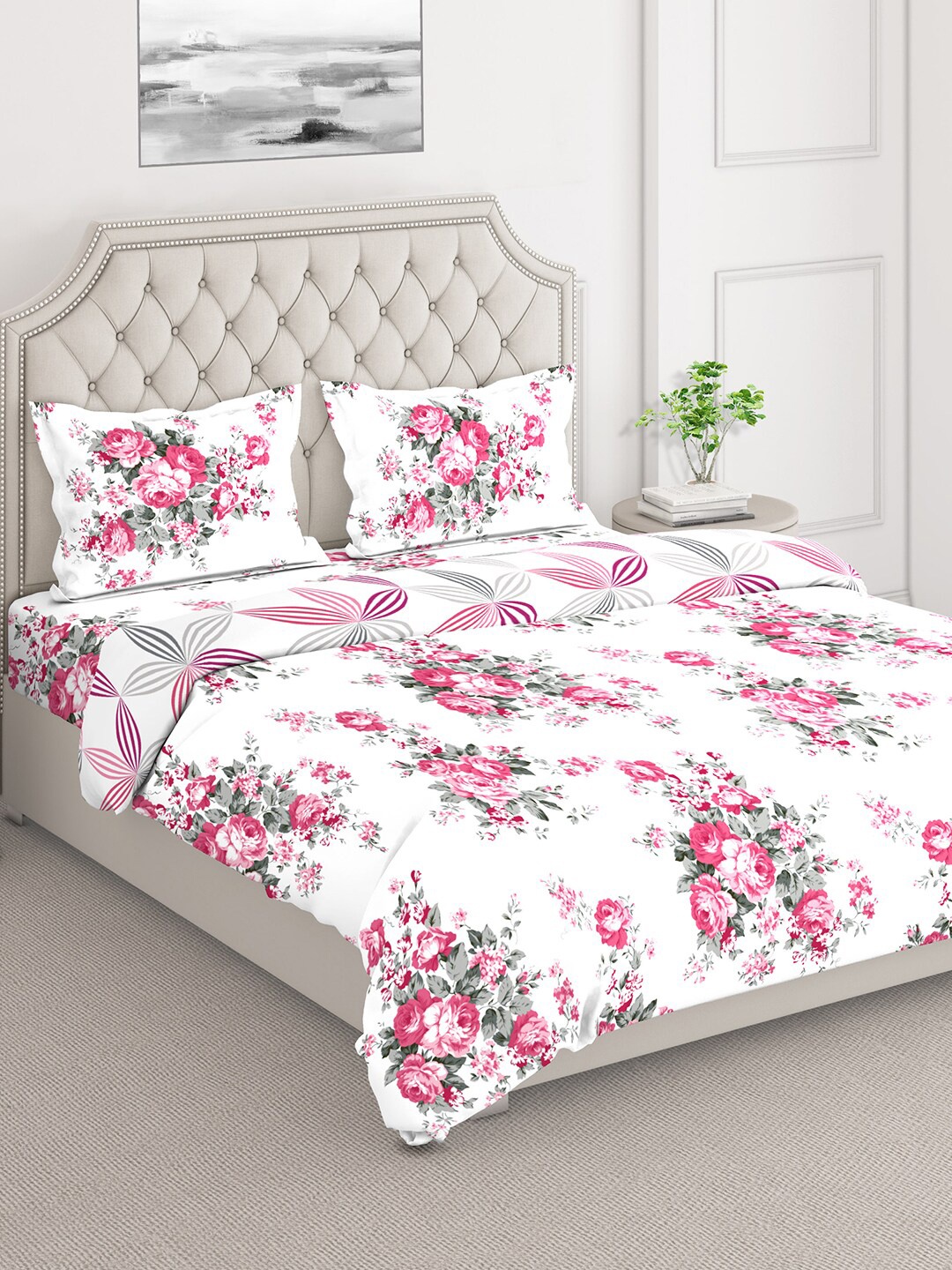 

Layers White & Pink Printed Cotton Superfine Double Queen Bedding Set