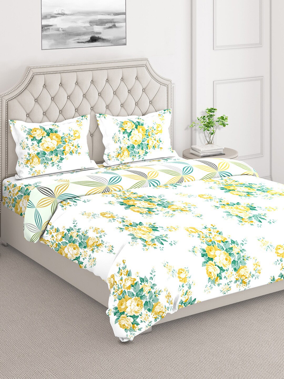 

Layers White & Yellow Printed Cotton Superfine Double Queen Bedding Set