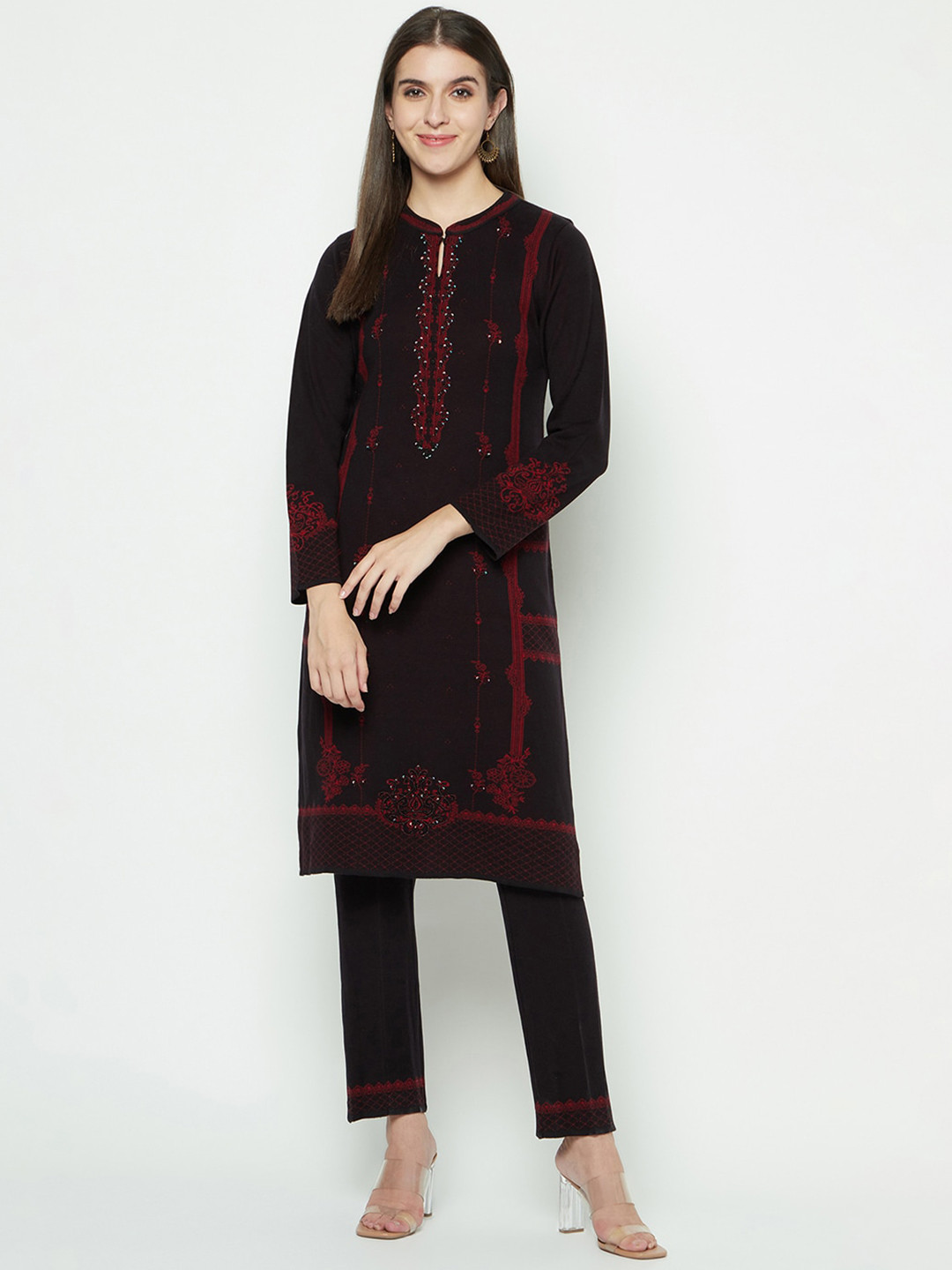 

Knitstudio Ethnic Motifs Self Design Beads & Stones Detailed Straight Kurta With Trouser, Black