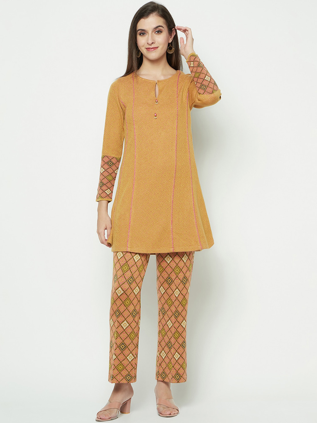 

Knitstudio Geometric Self Design A-Line Kurta With Trousers, Mustard