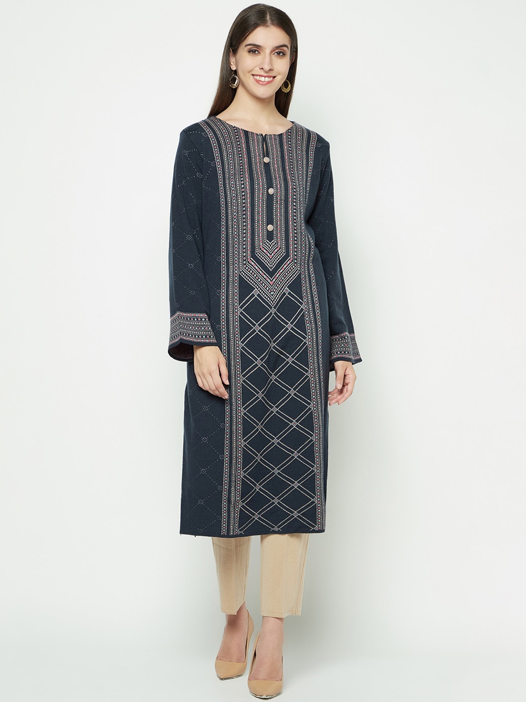 

Knitstudio Ethnic Motifs Printed Pashmina Straight Kurti With Trousers, Navy blue