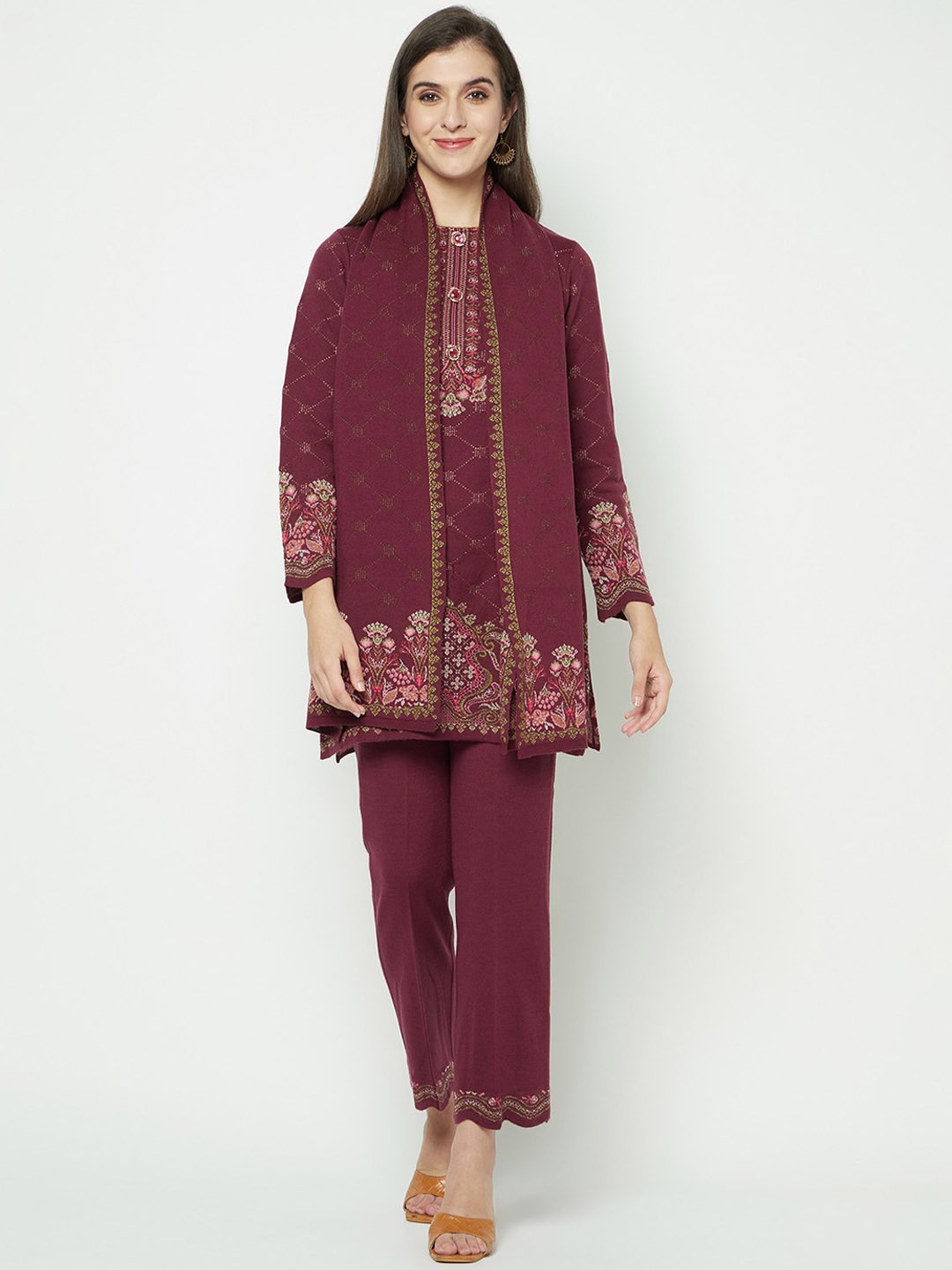 

Knitstudio Ethnic Motifs Printed Knitted Kurti with Trousers & Dupatta, Purple