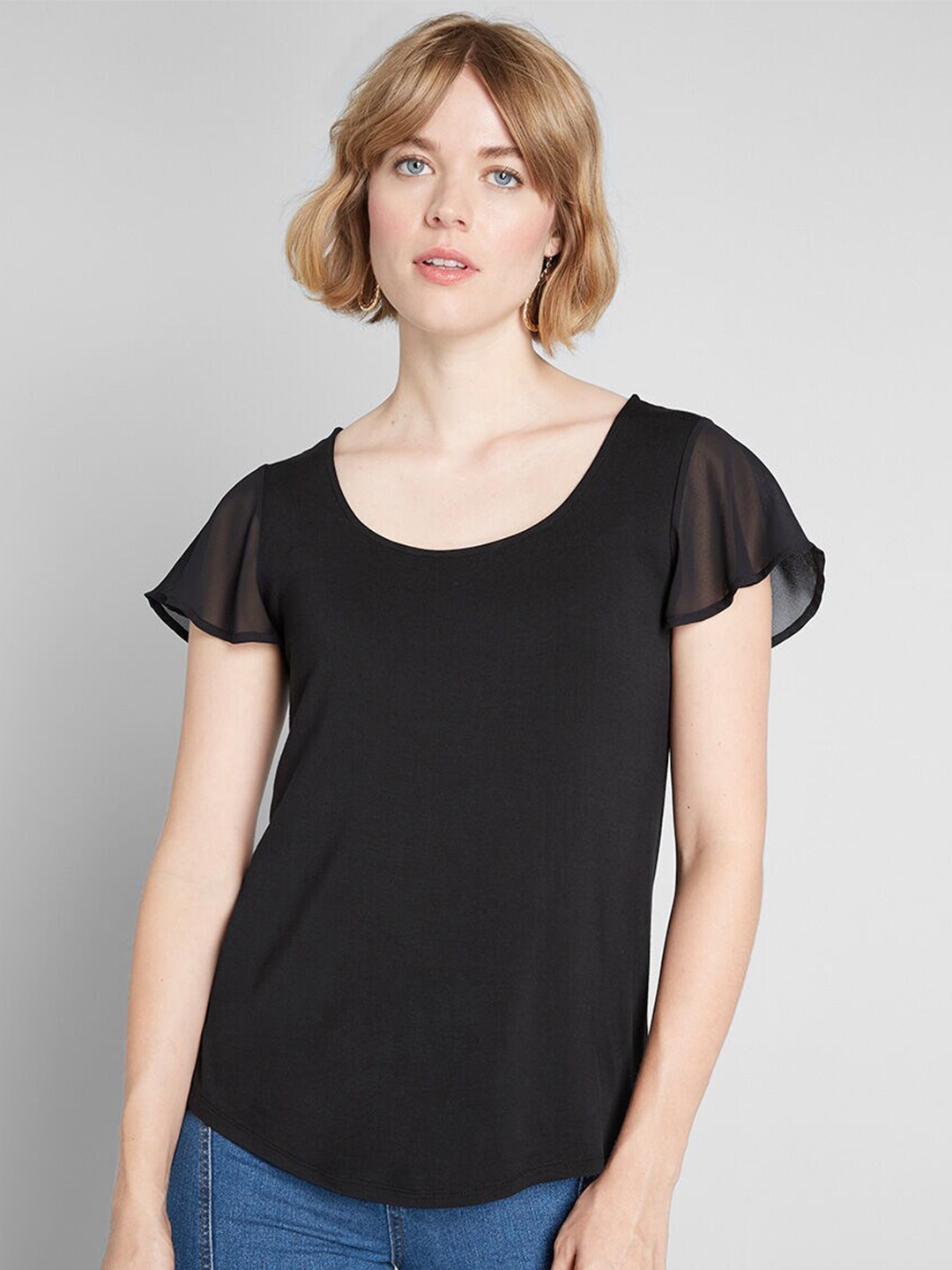 

Dracht Flared Sleeve Styled Back Cotton Top, Black