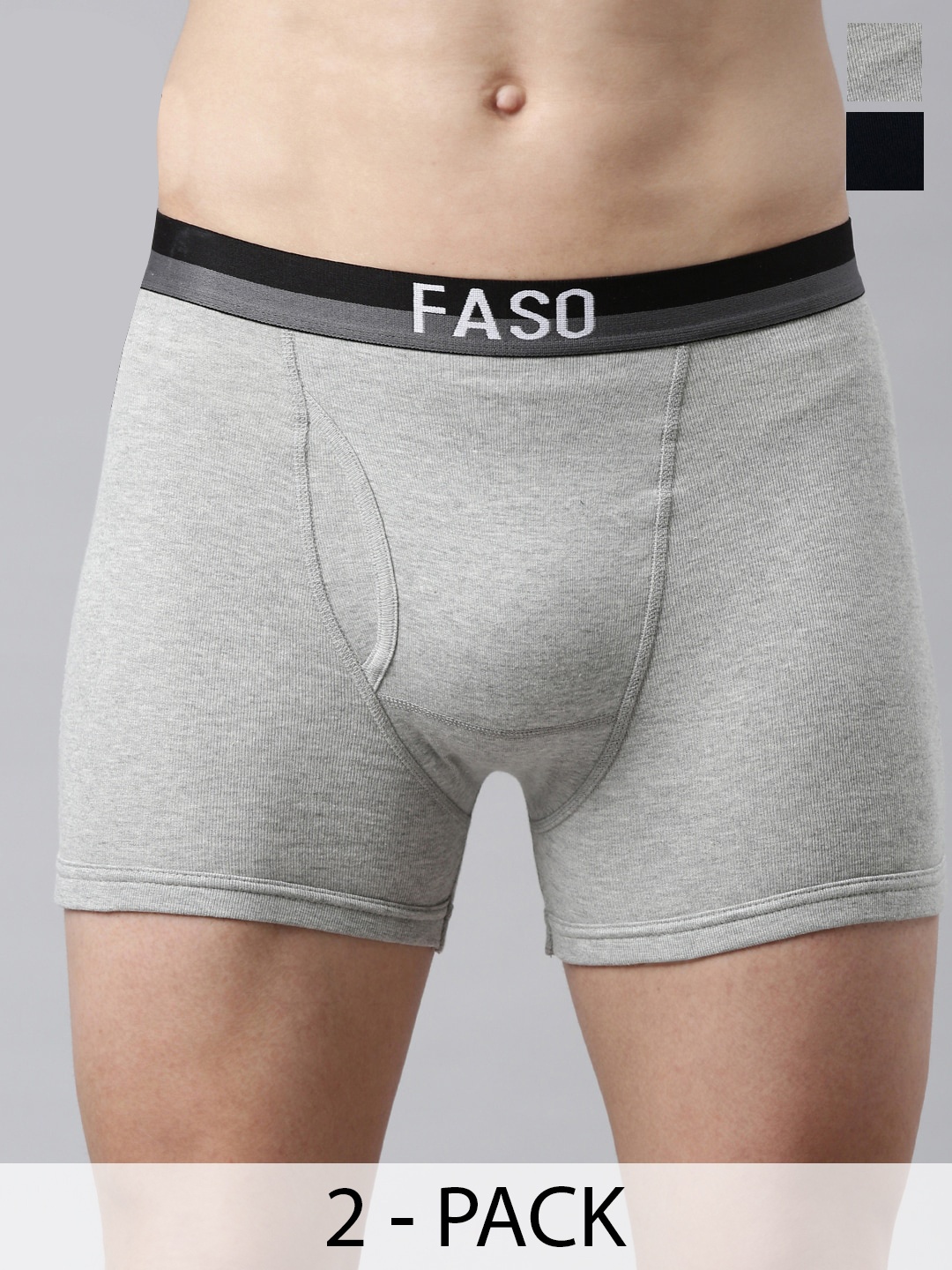 

FASO Pack Of 2 Mid Rise Premium Label Free Cotton Trunks K204-SQ-PO2-NAVY-GREYMEL, Navy blue