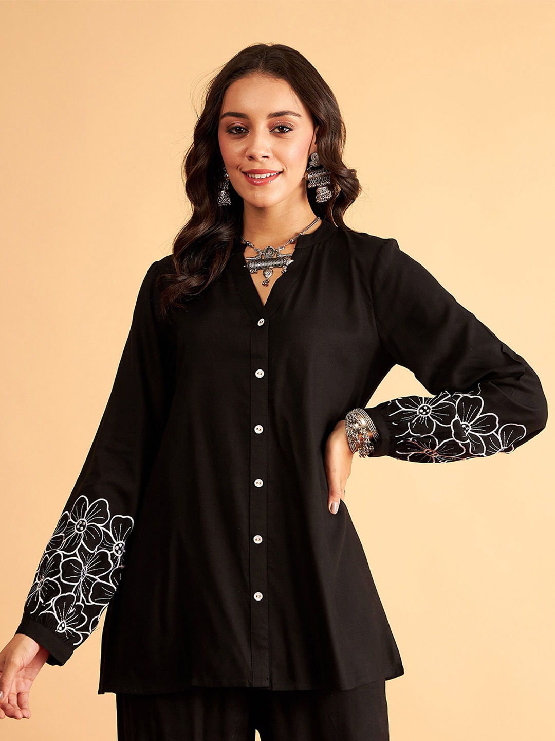 

Shae by SASSAFRAS Black Floral Embroidered Oversized Party Shirt