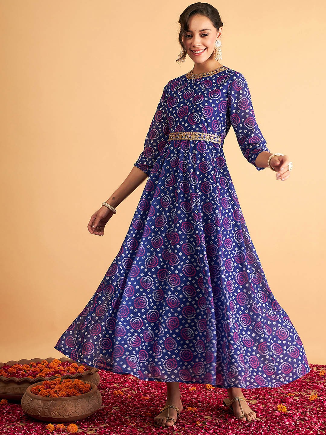 

Shae by SASSAFRAS Bandhani Printed Thread Work Fit & Flared Maxi Ethnic Dress, Blue