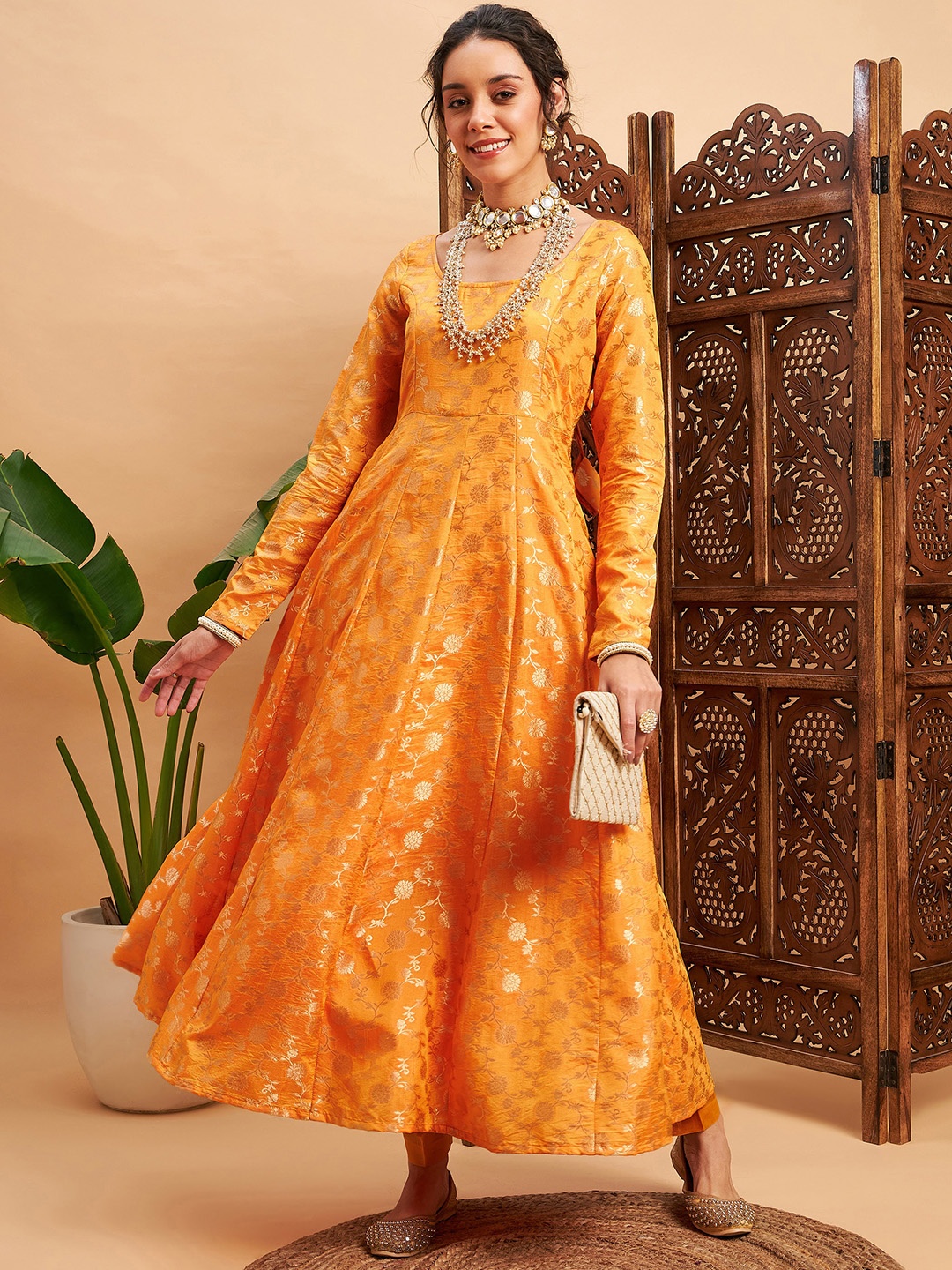 

Shae by SASSAFRAS Mustard Yellow Ethnic Motifs Printed Jacquard Weave Anarkali Kurta
