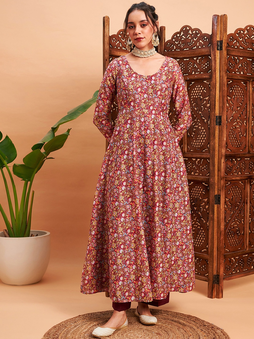 

Shae by SASSAFRAS Maroon & Yellow Floral Printed Chanderi Silk Anarkali Kurta