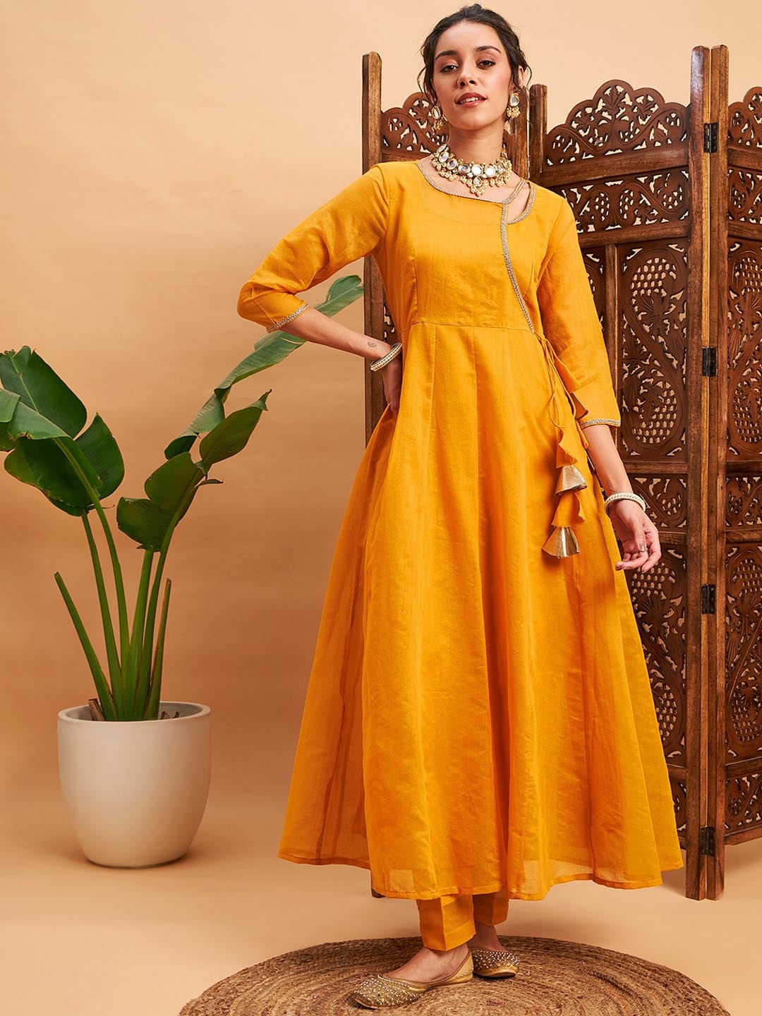 

Shae by SASSAFRAS Sequinned Chanderi Silk Anarkali Kurta, Mustard