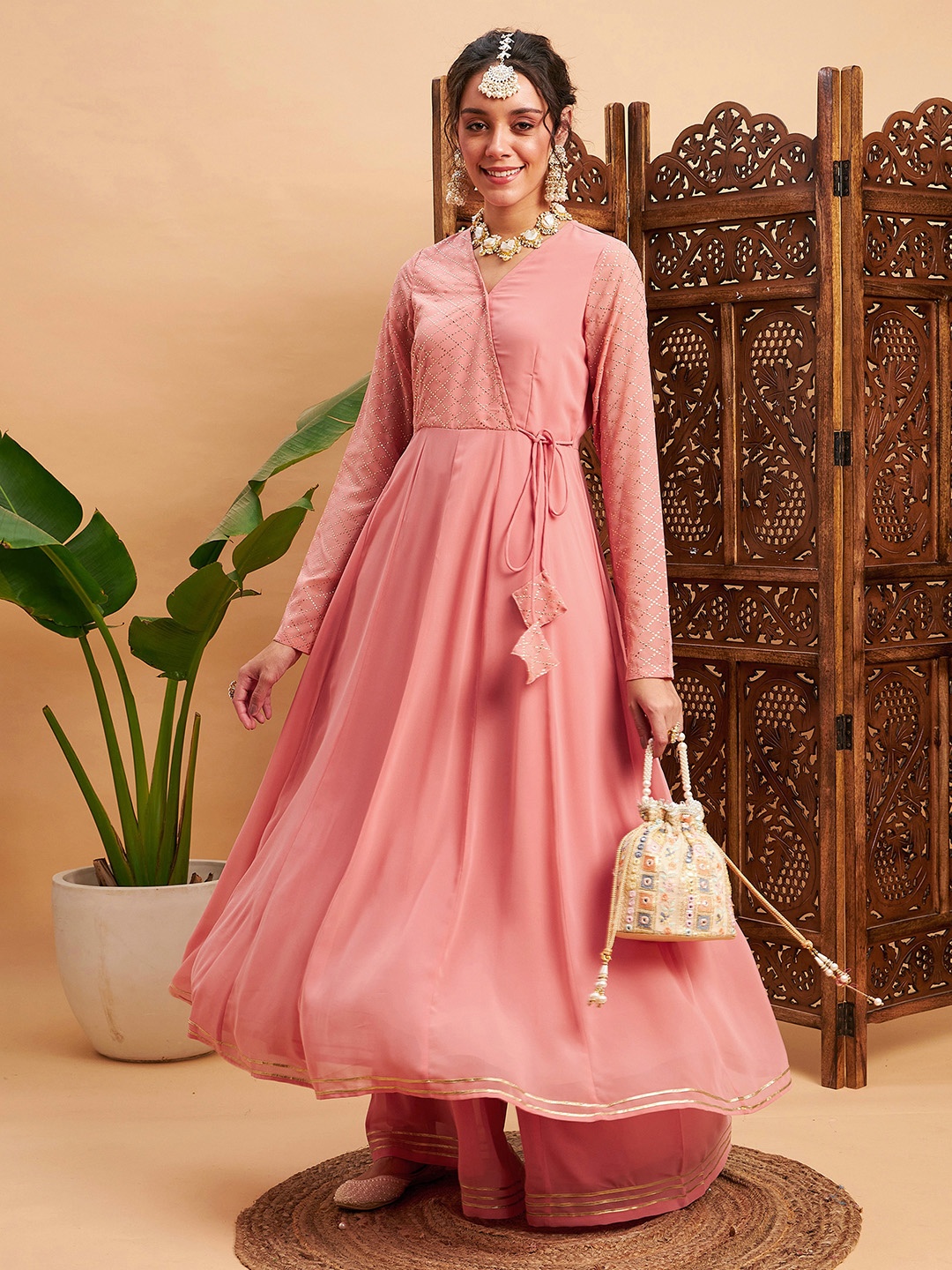 

Shae by SASSAFRAS V-Neck Long Sleeves Georgette Sequined Tie Up Anarkali Kurta, Pink