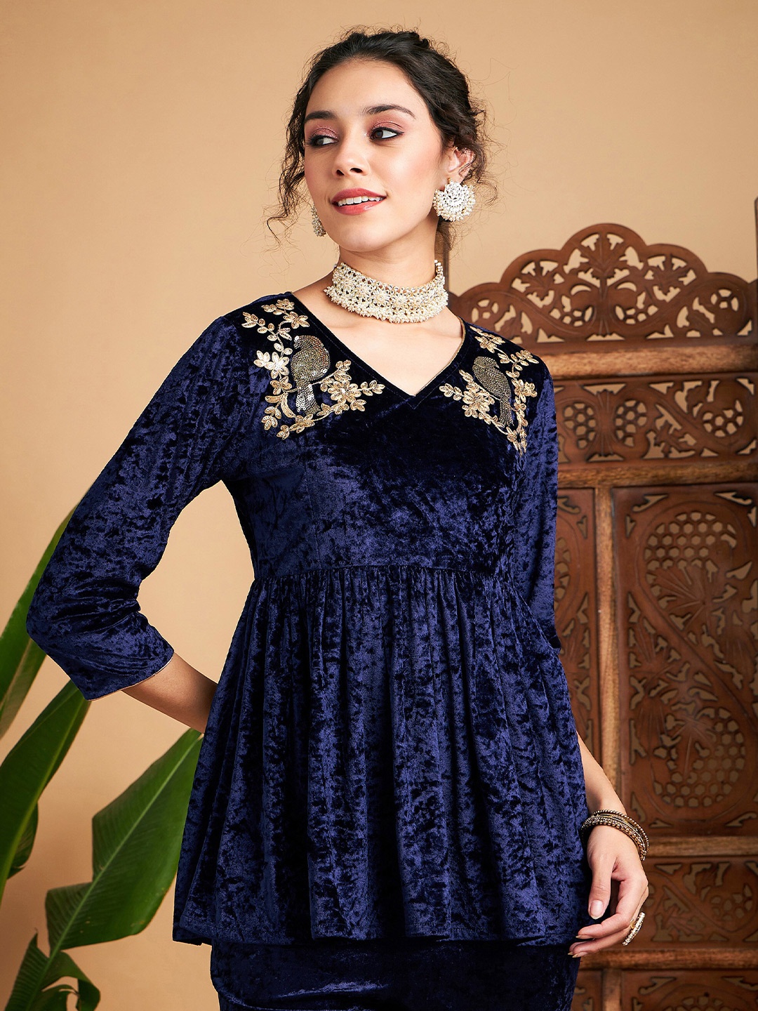 

Shae by SASSAFRAS V-Neck Embroidered Velvet Peplum Top, Navy blue