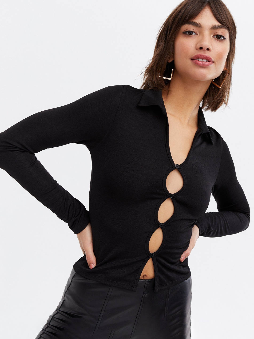 

Dracht Shirt Collar Cut Out Cotton Fitted Top, Black