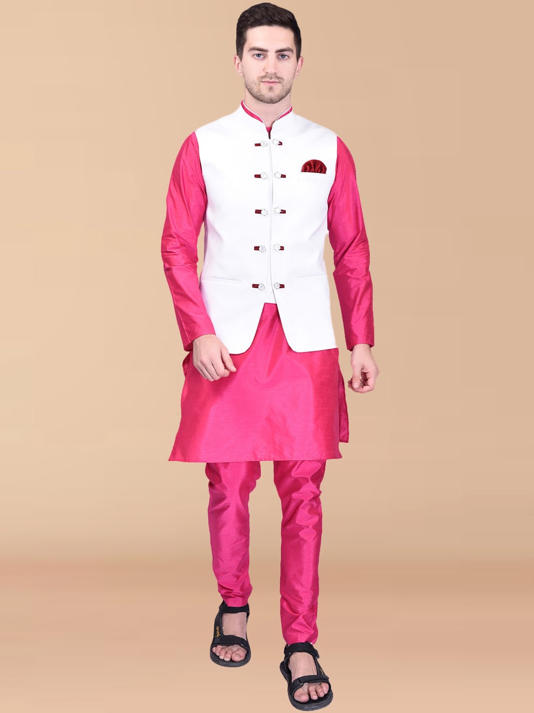 

PRINTCULTR Pure Silk Mandarin Collar Kurta With Trousers & Nehru jacket, Pink