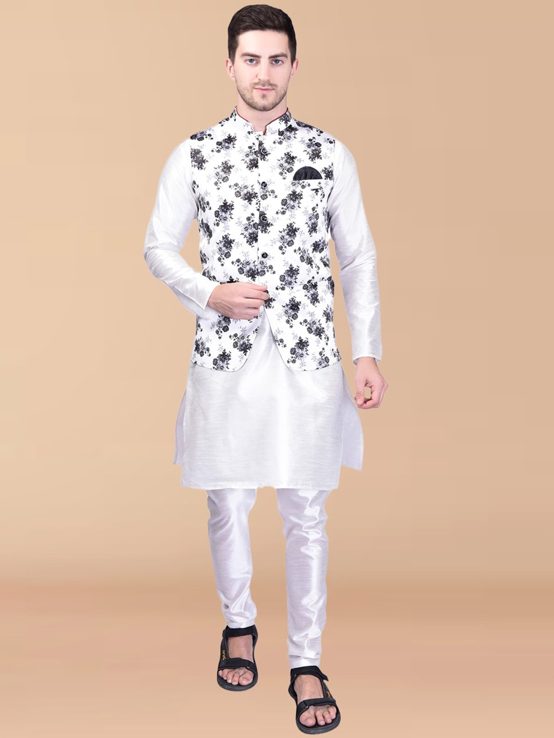 

PRINTCULTR Mandarin Collar Pure Silk Straight Kurta With Churidar & Nehru Jacket, White