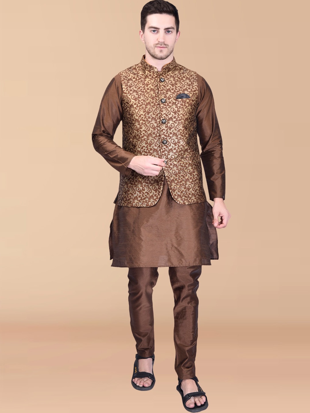 

PRINTCULTR Mandarin Collar Regular Pure Silk Kurta With Trousers & Nehru jacket, Brown