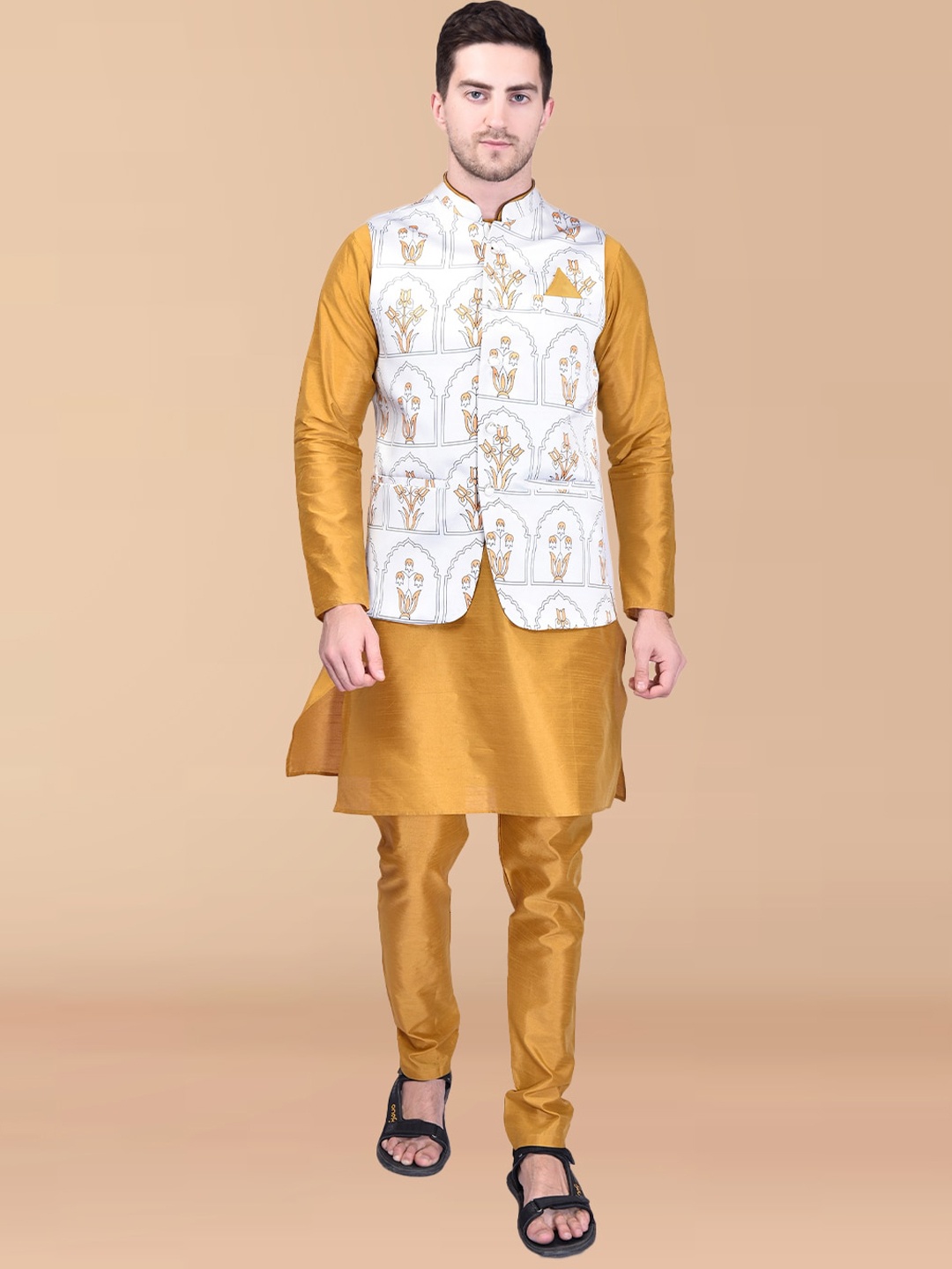 

PRINTCULTR Straight Pure Silk Kurta With Trouser & Nehru Jacket, Gold