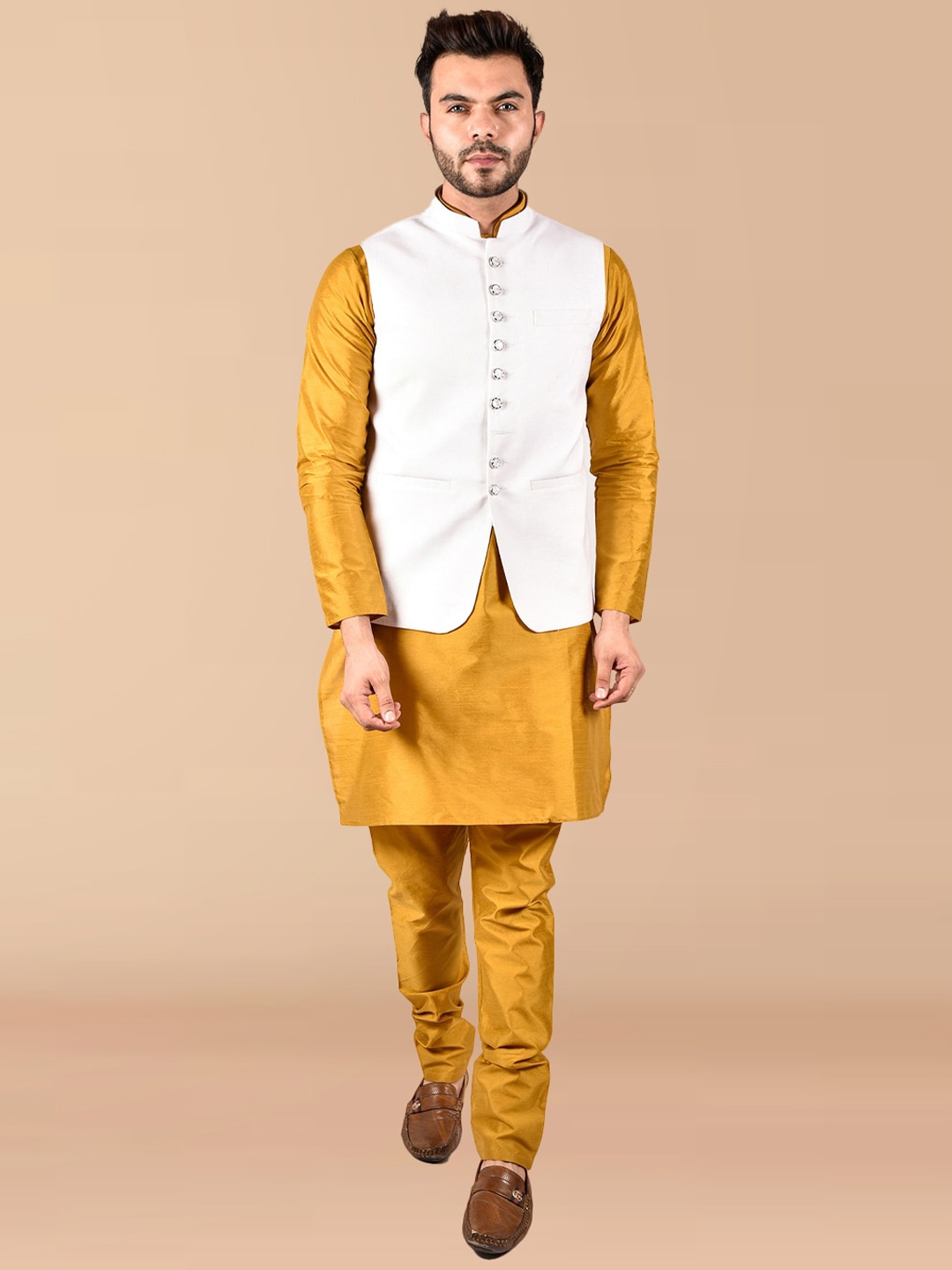 

PRINTCULTR Straight Pure Silk Kurta With Trouser & Nehru Jacket, Mustard