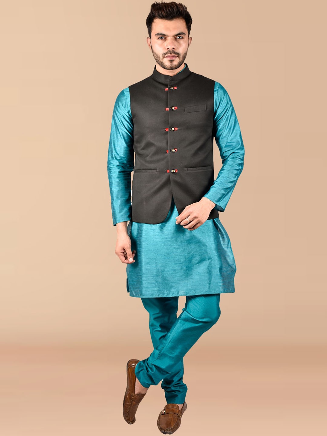 

PRINTCULTR Long Sleeves Pure Silk Kurta with Trousers And Nehru jacket, Blue
