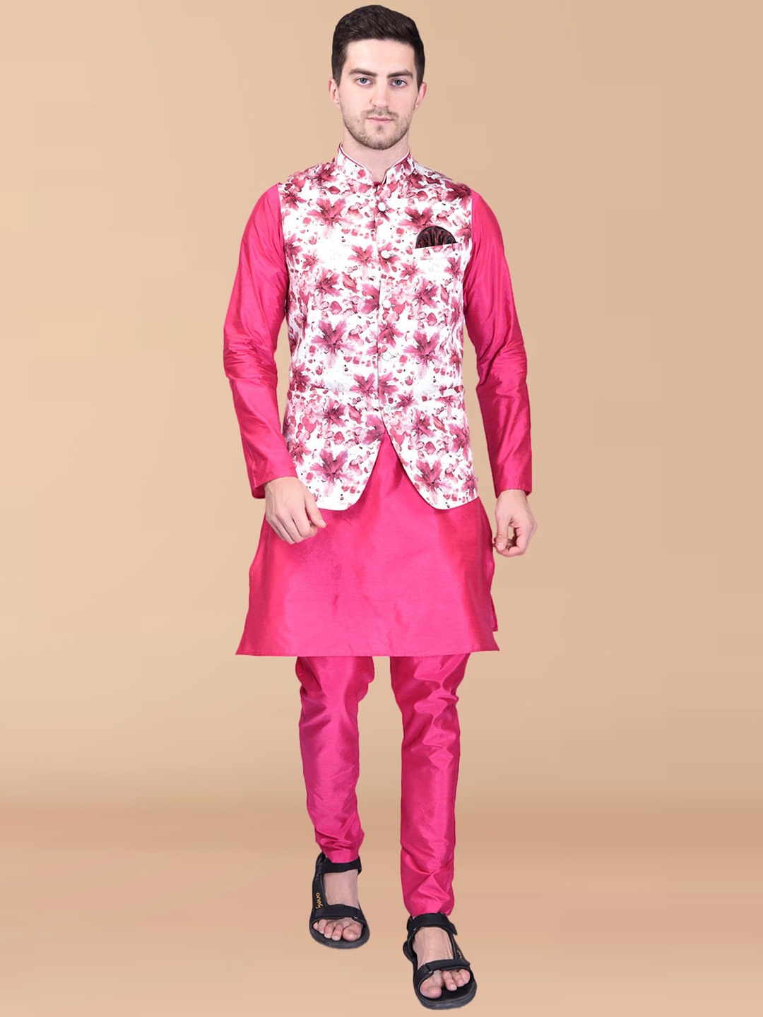 

PRINTCULTR Long Sleeves Pure Silk Kurta with Trousers And Floral Printed Nehru jacket, Pink