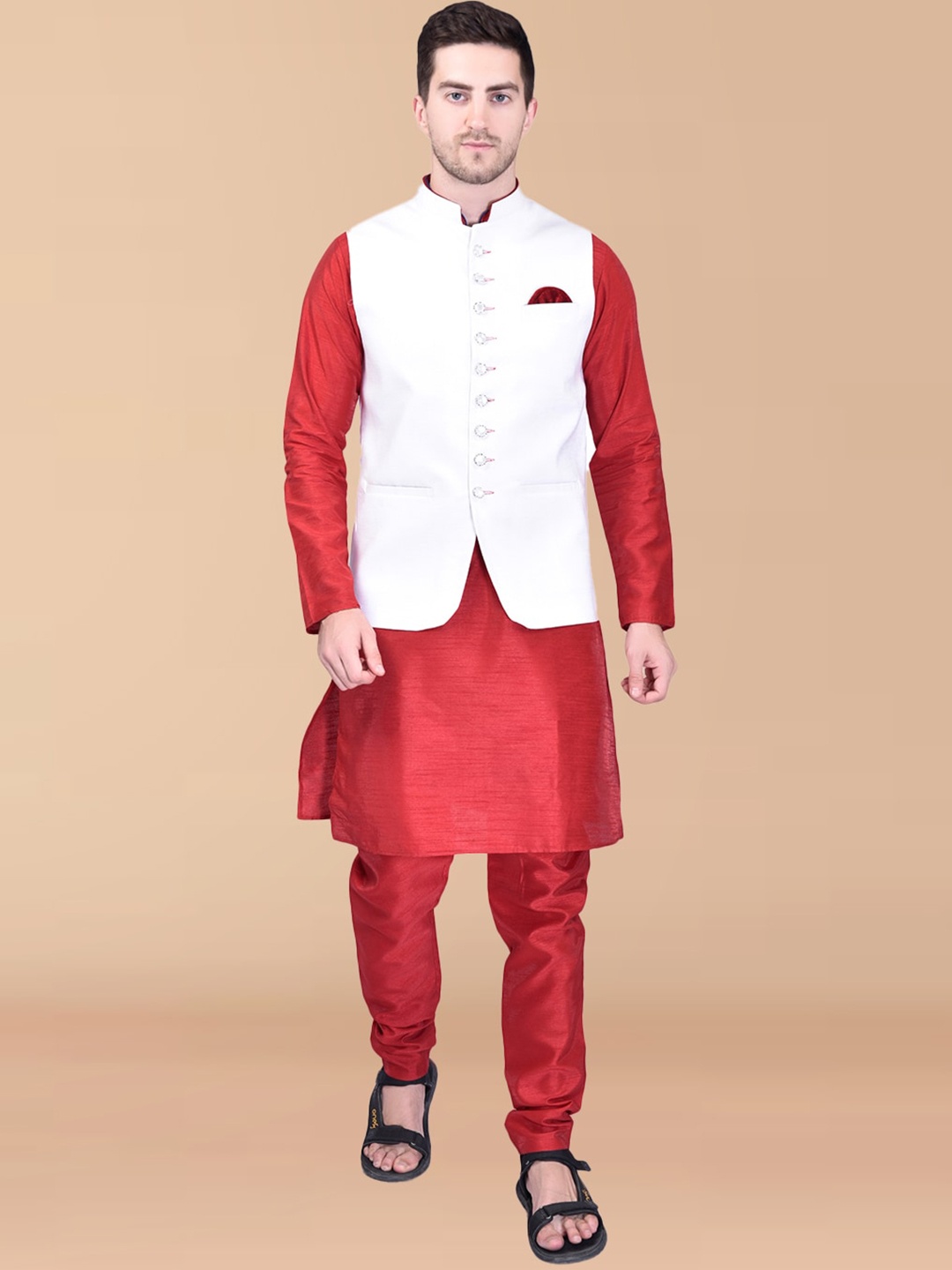

PRINTCULTR Mandarin Collar Straight Pure Silk Kurta With Trousers & Nehru Jacket, Red