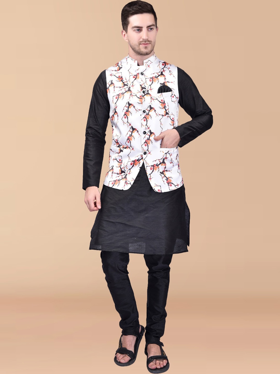 

PRINTCULTR Mandarin Collar Straight Pure Silk Kurta With Trousers & Printed Nehru Jacket, Black