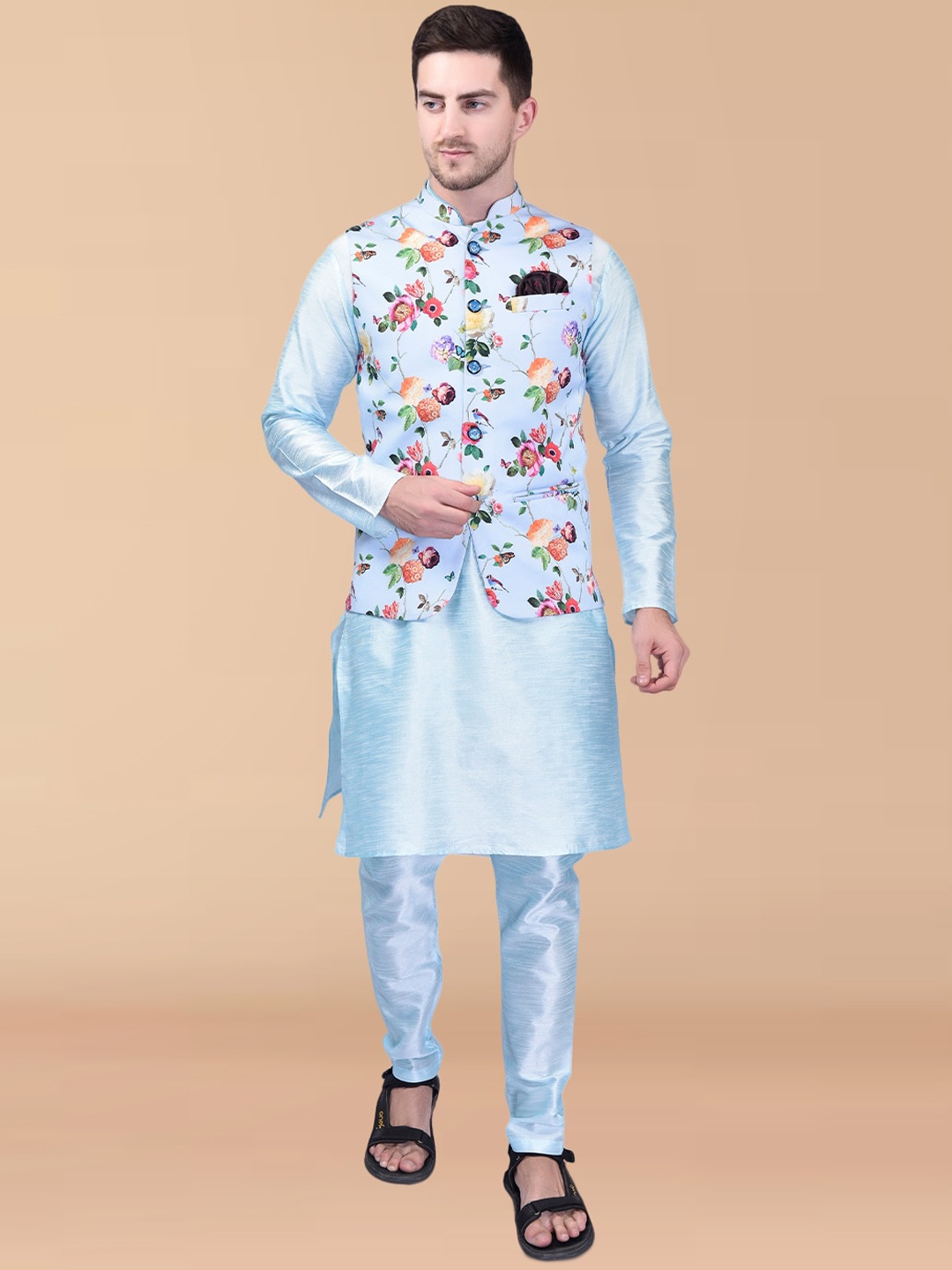 

PRINTCULTR Mandarin Collar Regular Pure Silk Kurta With Churidar & Nehru Jacket, Blue