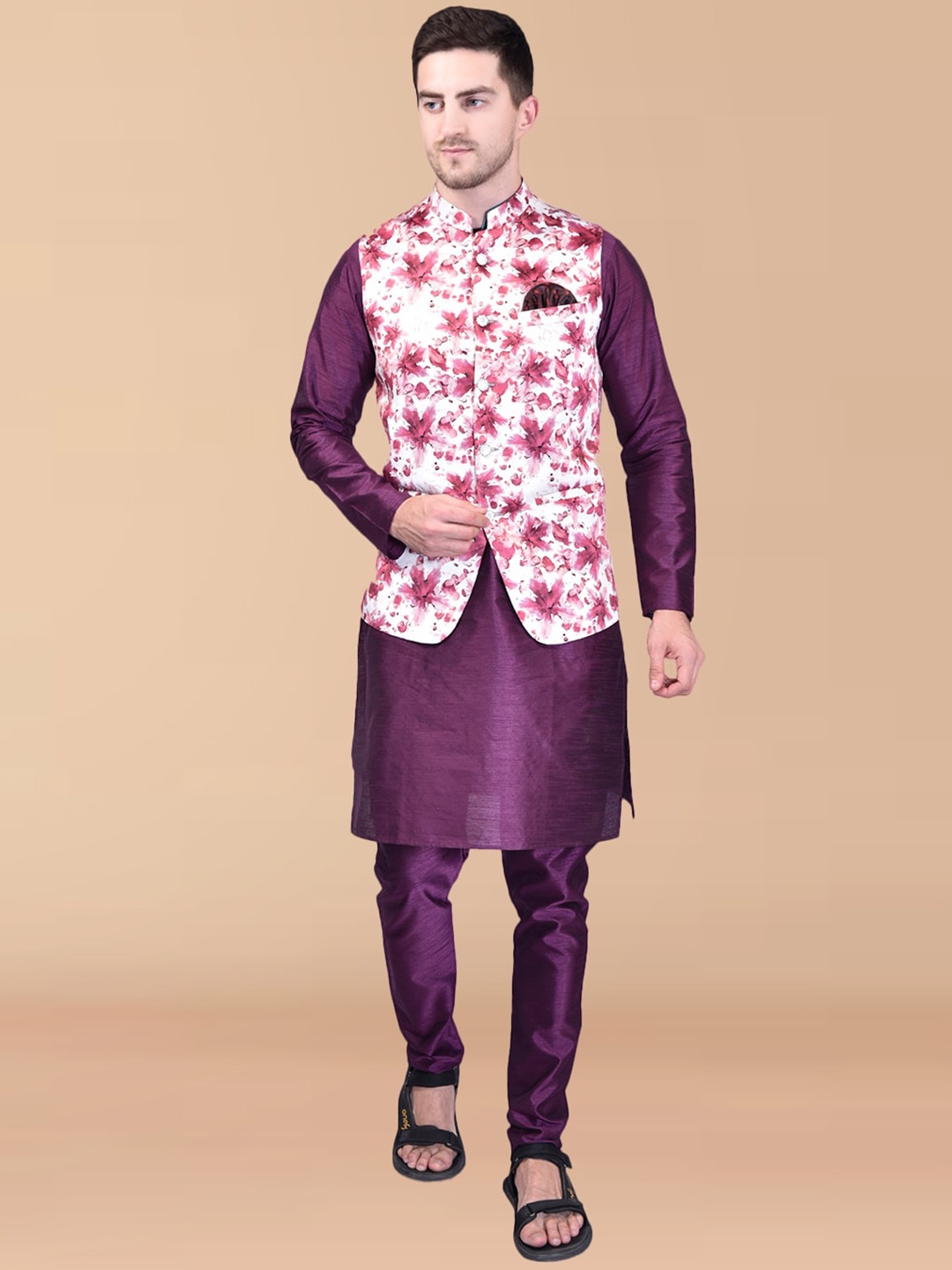 

PRINTCULTR Mandarin Collar Regular Pure Silk Kurta With Churidar & Nehru Jacket, Purple