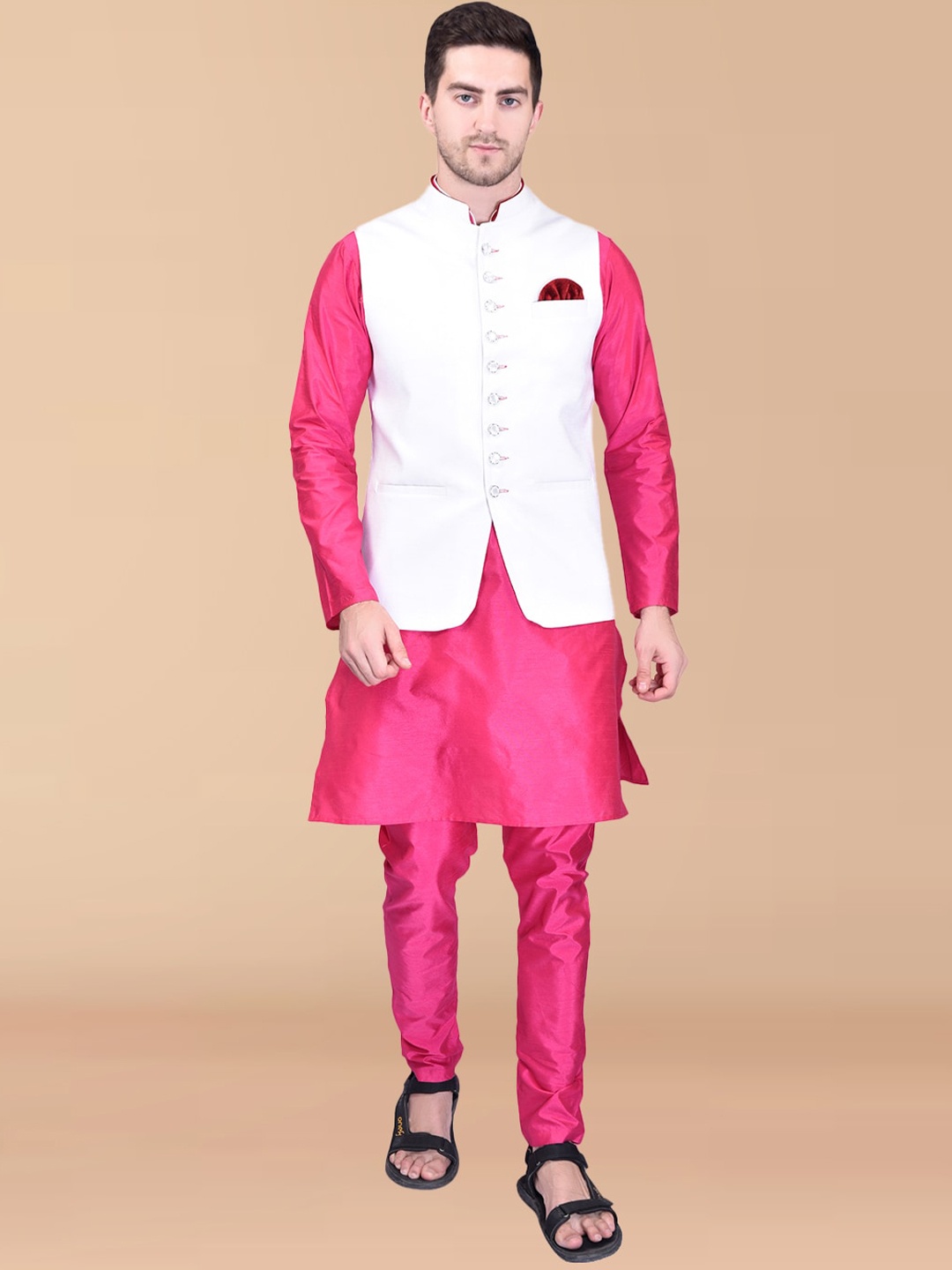 

PRINTCULTR Mandarin Collar Regular Pure Silk Kurta With Churidar & Nehru Jacket, Pink