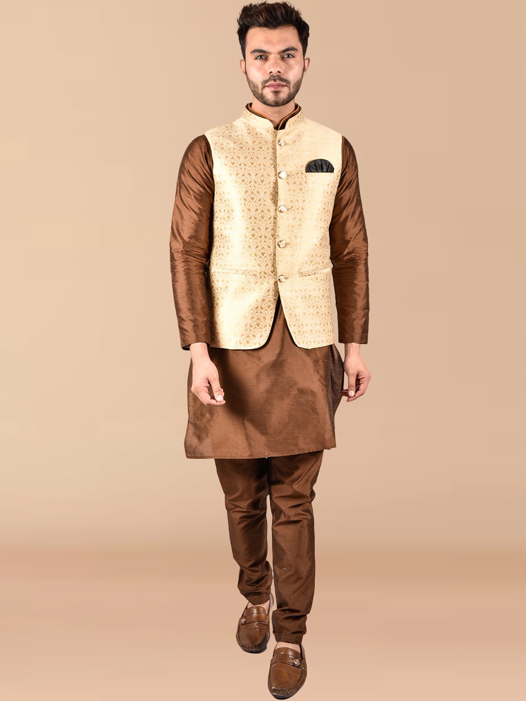 

PRINTCULTR Mandarin Collar Pure Silk Straight Kurta With Pyjamas & Nehru Jacket, Brown