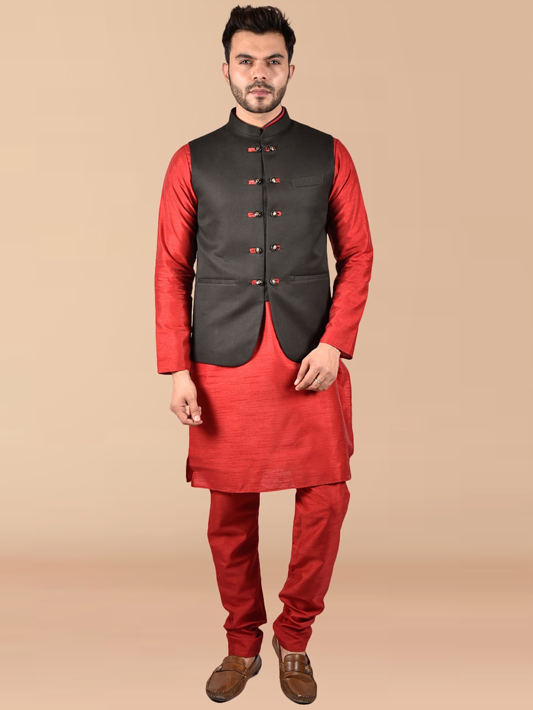 

PRINTCULTR Mandarin Collar Pure Silk Kurta with Trousers With Nehru Jacket, Red