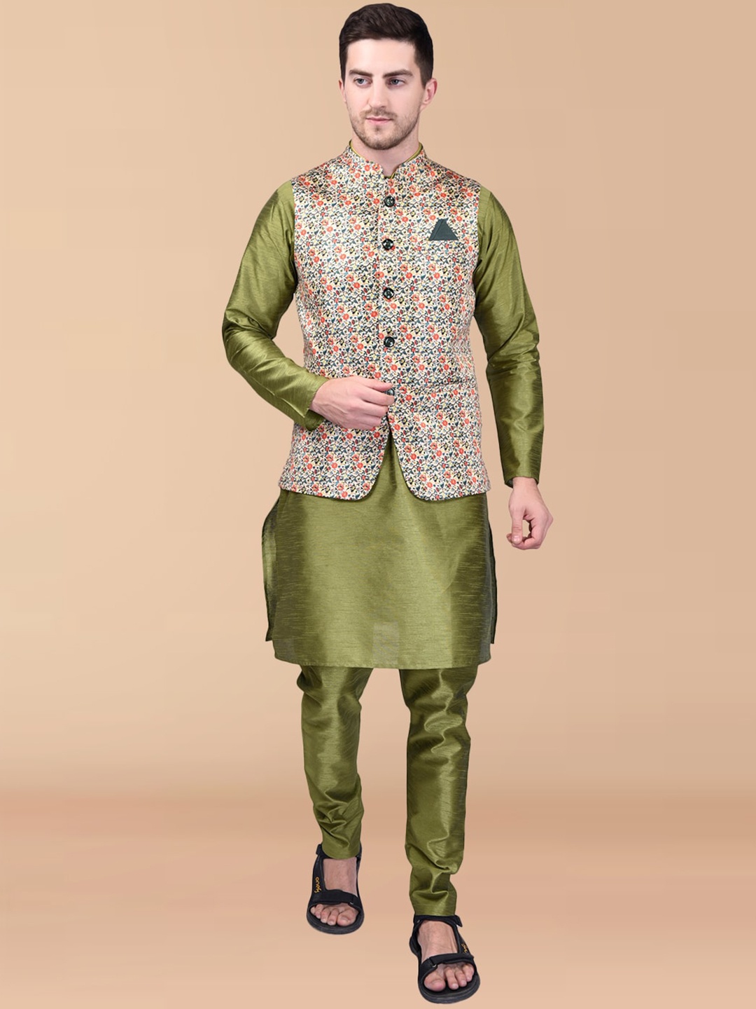 

PRINTCULTR Mandarin Collar Regular Pure Silk Kurta With Churidar & Printed Nehru jacket, Olive