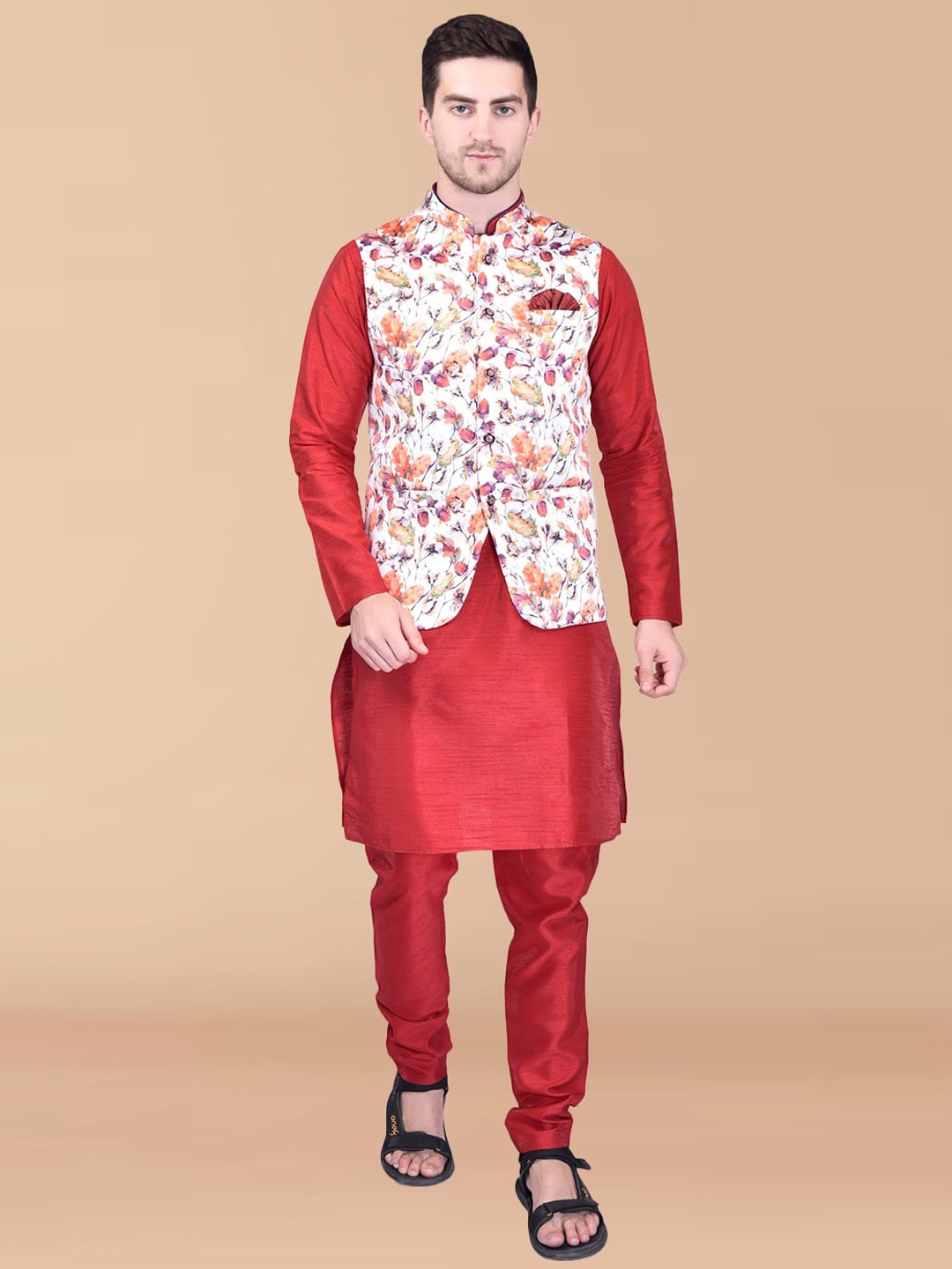 

PRINTCULTR Mandarin Collar Regular Pure Silk Kurta With Churidar & Printed Nehru jacket, Red