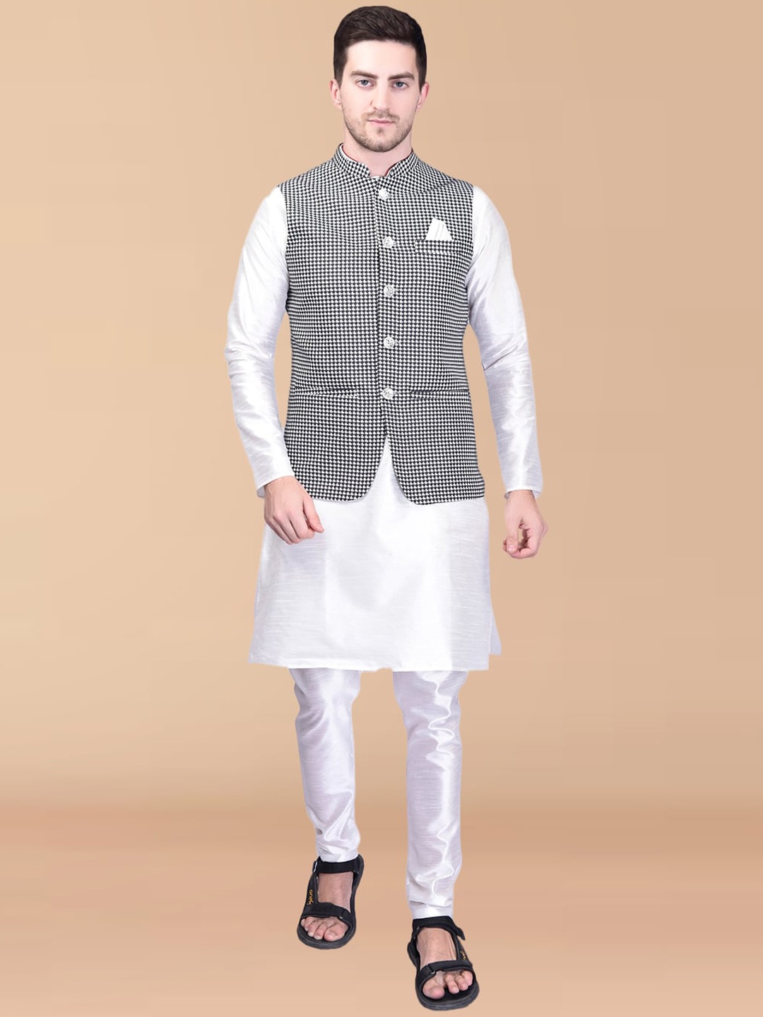 

PRINTCULTR Mandarin Collar Regular Pure Silk Kurta With Churidar & Printed Nehru jacket, White