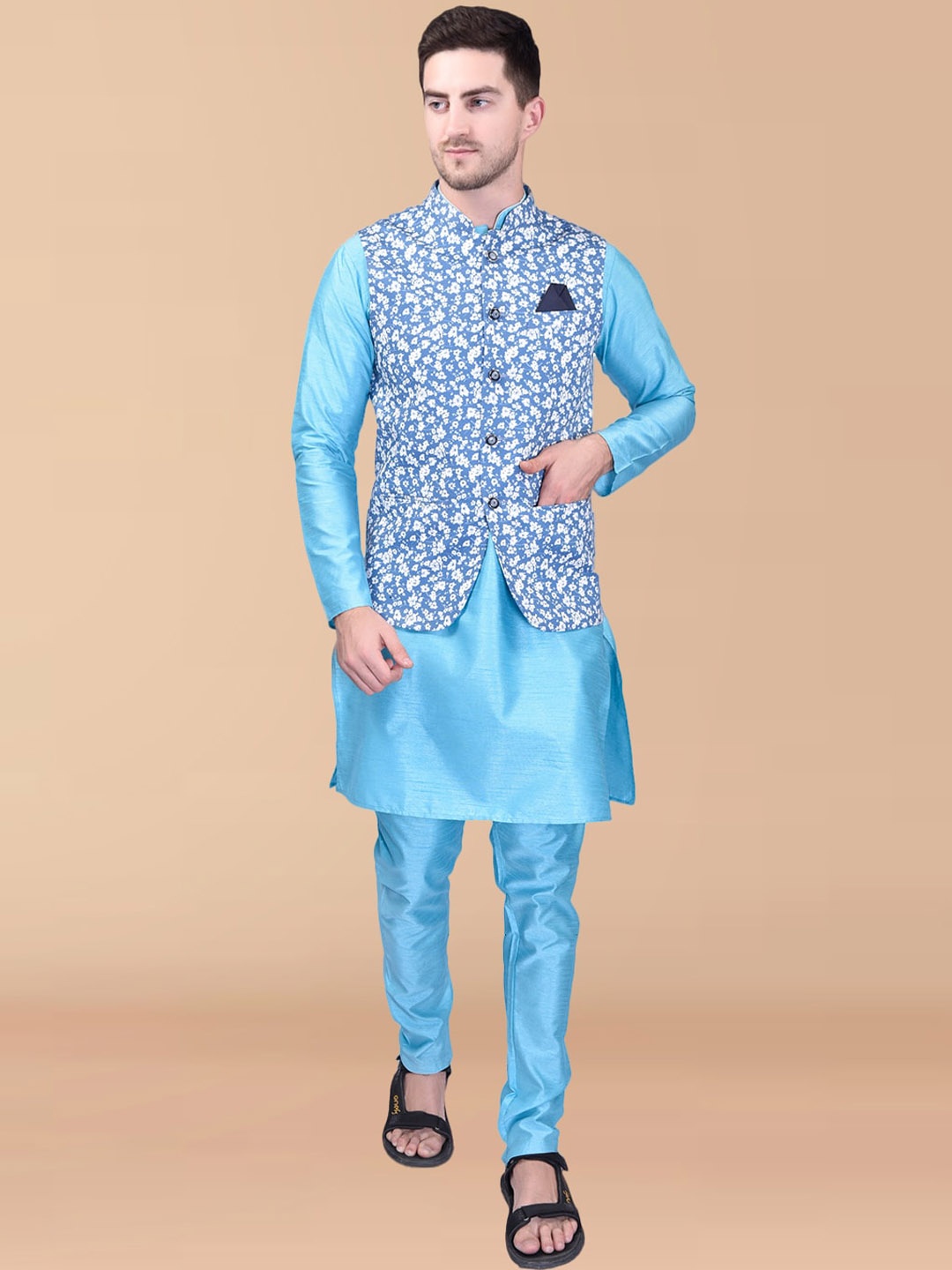 

PRINTCULTR Mandarin Collar Pure Silk Straight Kurta With Pyjamas & Nehru jacket, Blue