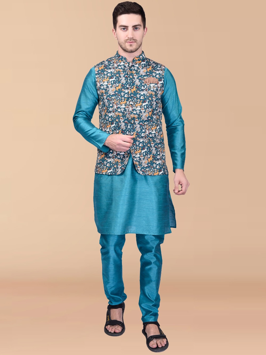 

PRINTCULTR Mandarin Collar Pure Silk Straight Kurta With Pyjamas & Nehru jacket, Blue