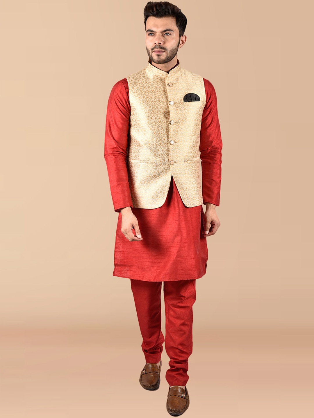 

PRINTCULTR Mandarin Collar Pure Silk Straight Kurta With Churidar & Nehru jacket, Red