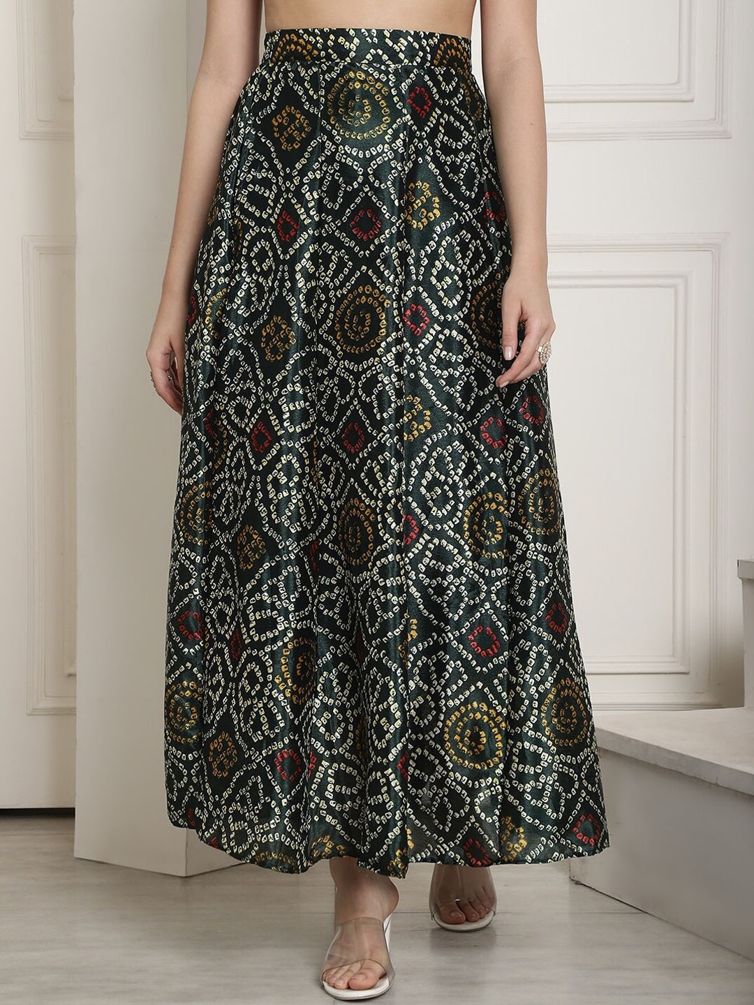 

NEUDIS Bandhani Printed Flared Maxi Skirt, Green