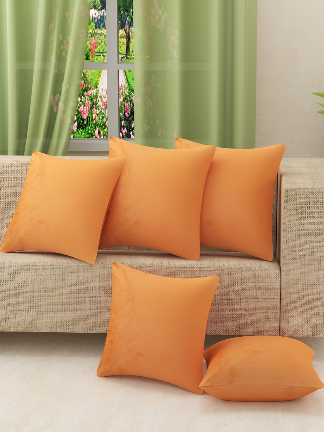 

stuffique Orange 5 Pieces Velvet Square Cushion Covers