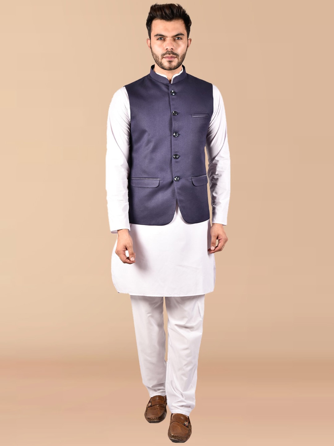 

PRINTCULTR Mandarin Collar Pure Cotton Kurta With Trousers, White