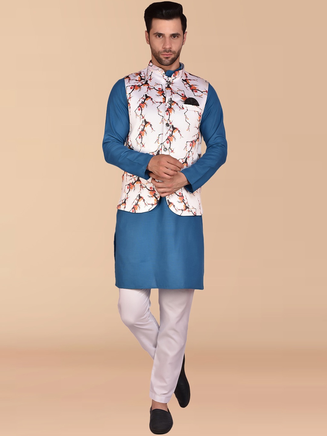 

PRINTCULTR Mandarin Collar Long Sleeves Pure Cotton Kurta & Trousers With Nehru jacket, Blue