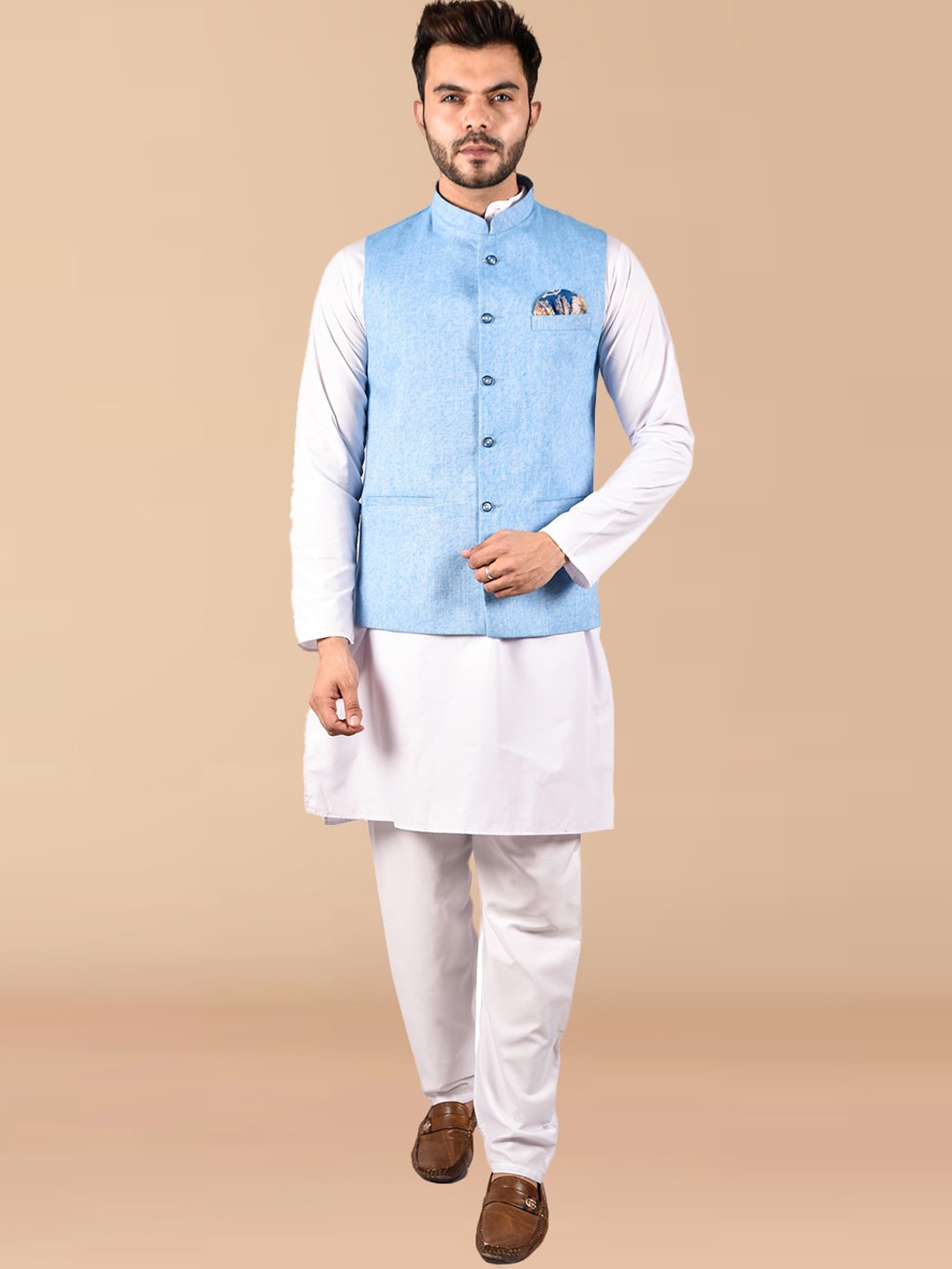 

PRINTCULTR Mandarin Collar Pure Cotton Regular Kurta with Trousers & Nehru Jacket, White