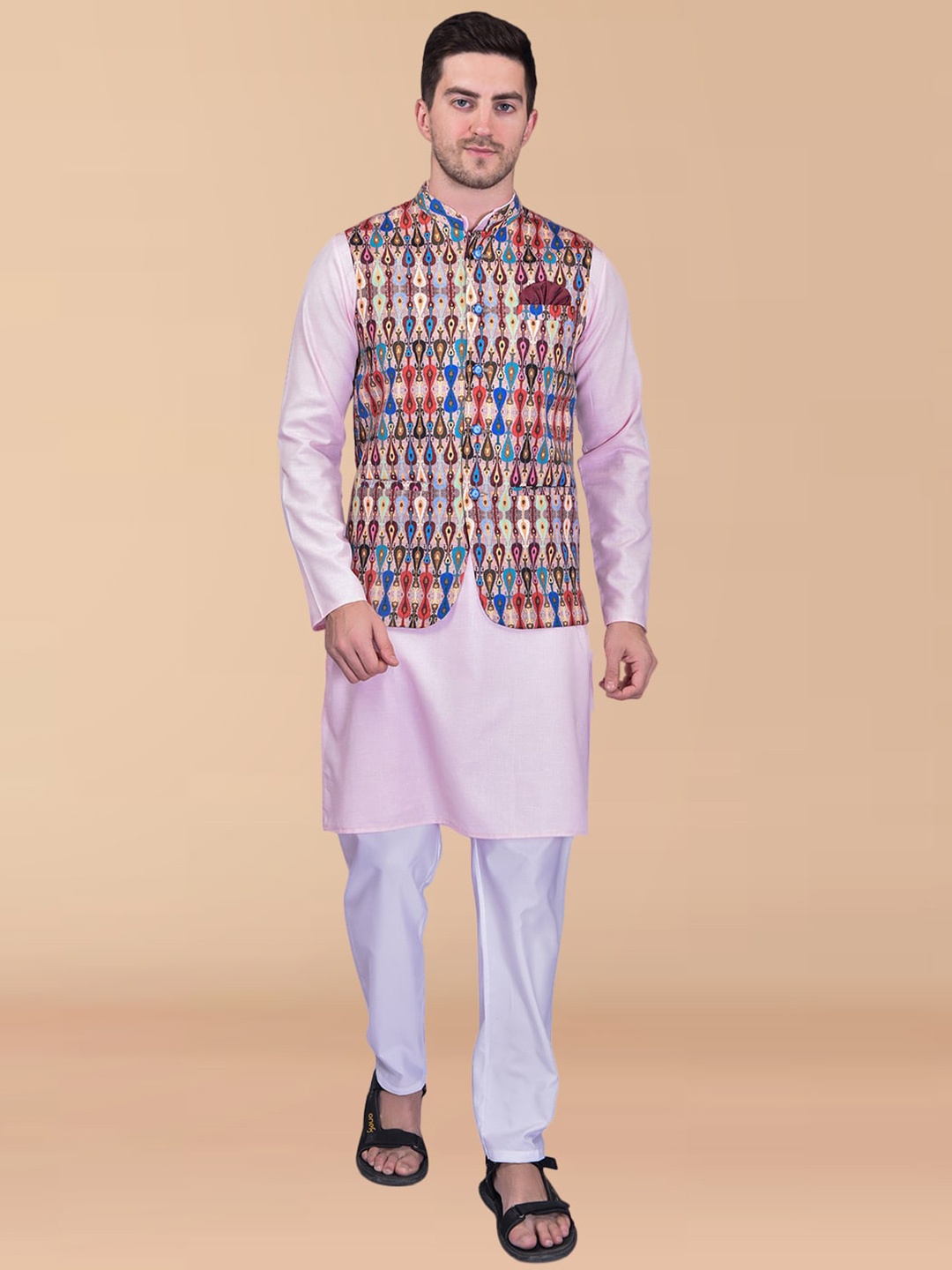 

PRINTCULTR Pure Cotton Straight Kurta With Pyjamas & Nehru Jacket, Pink