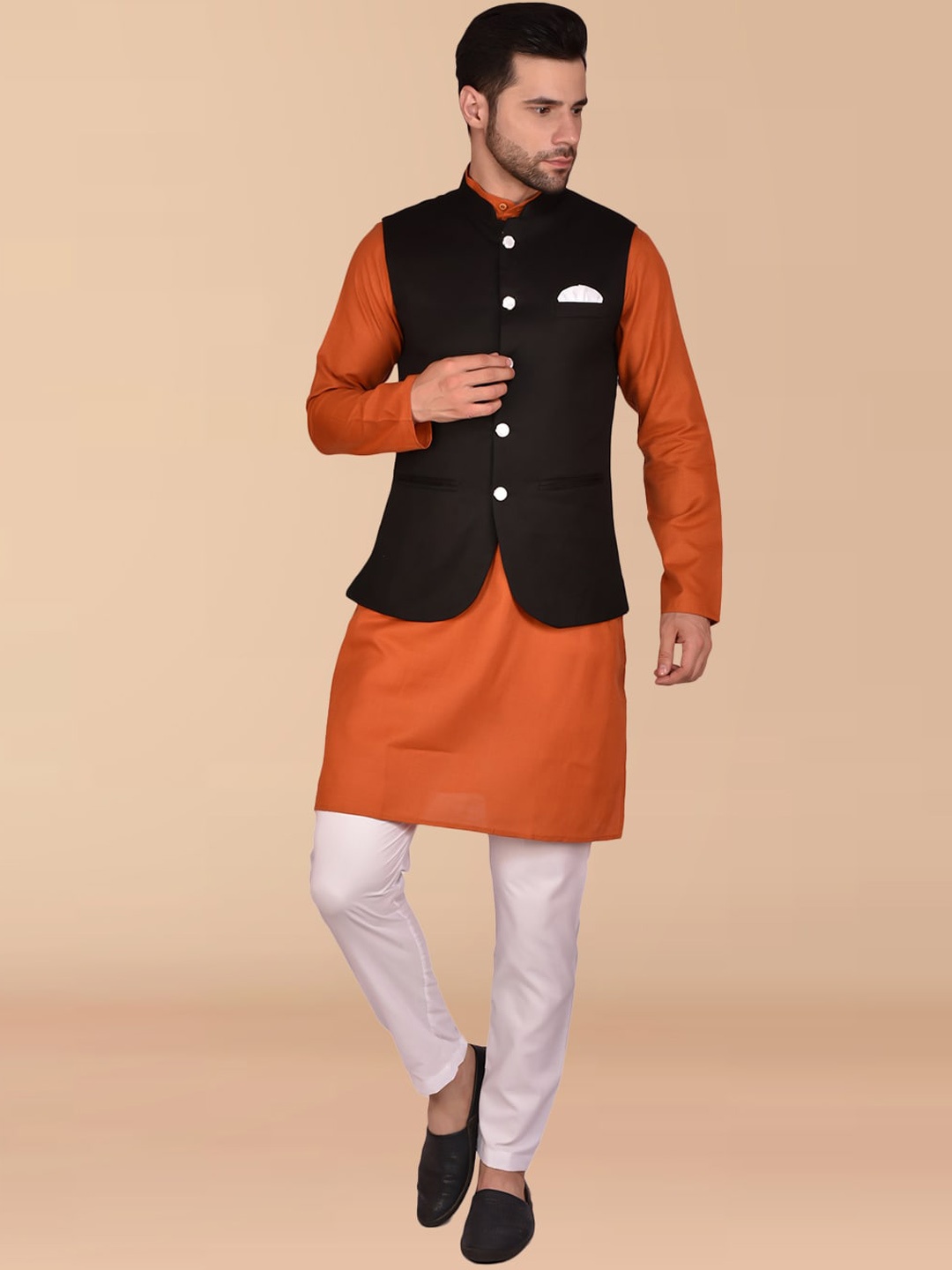 

PRINTCULTR Band Collar Pure Cotton Straight Kurta & Pyjama With Nehru Jacket, Orange