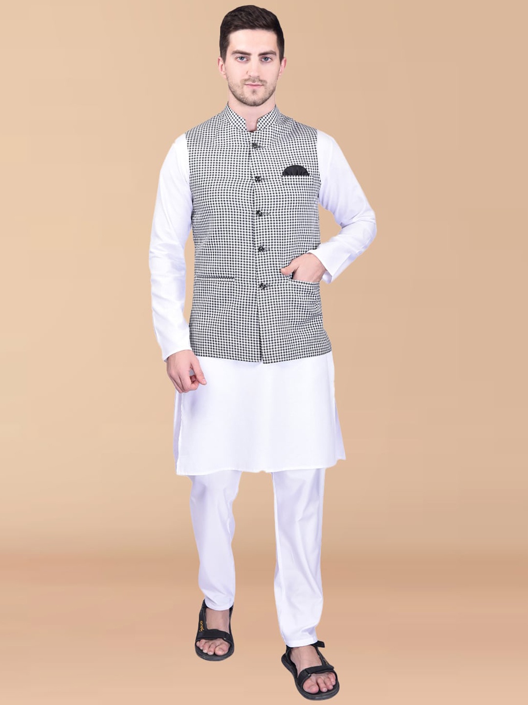

PRINTCULTR Regular Pure Cotton Kurta & Trousers With Nehru jacket, White