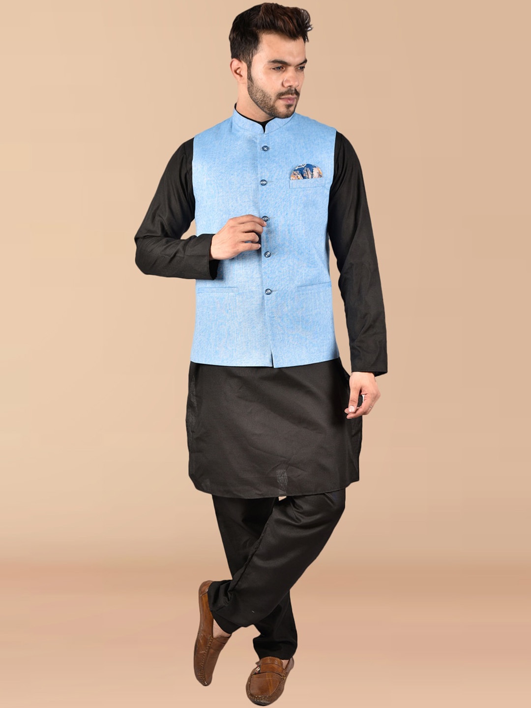 

PRINTCULTR Regular Pure Cotton Kurta with Trousers & Nehru jacket, Black
